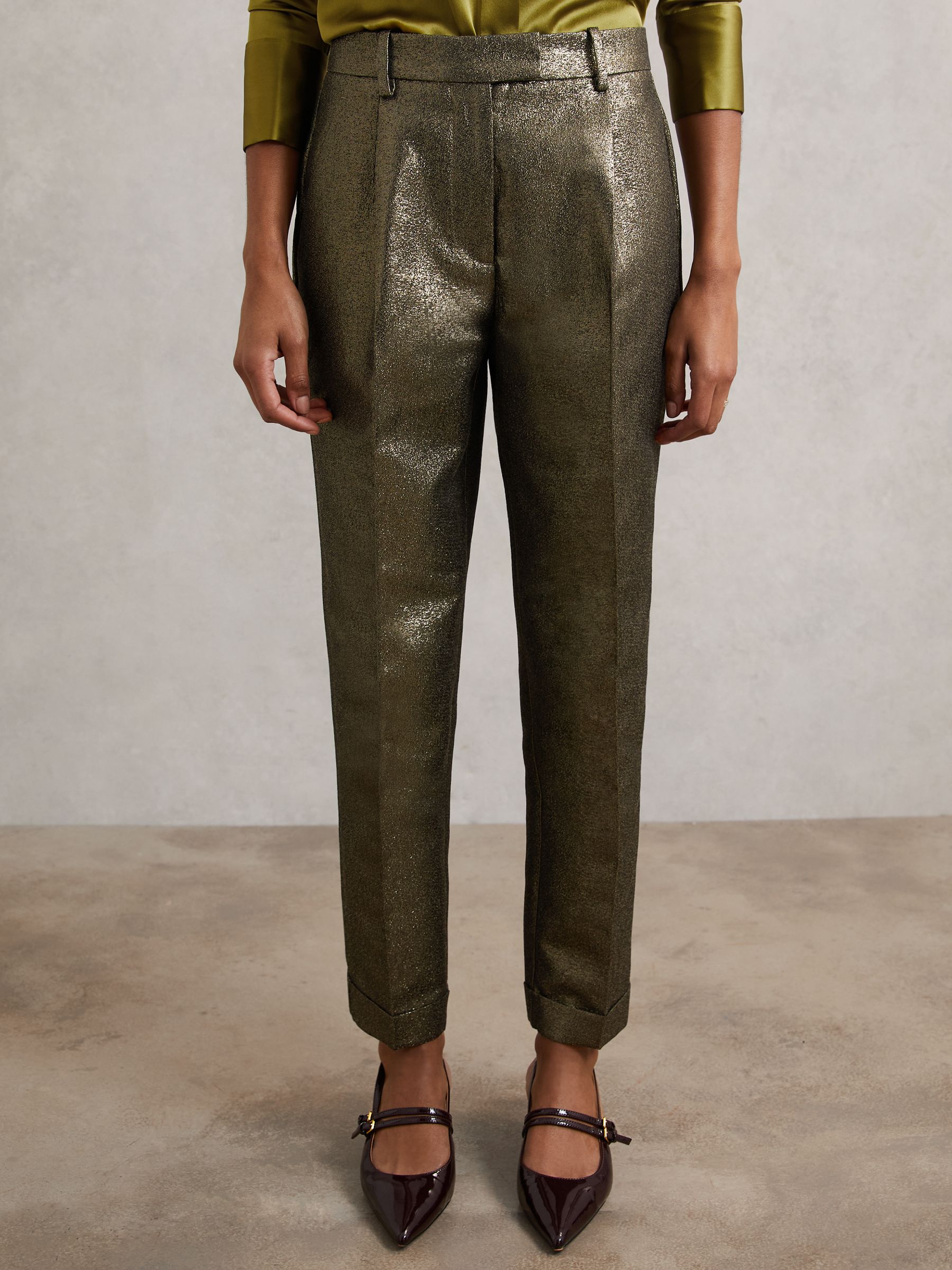 Tapered Metallic Suit Trousers with Cotton in Gold
