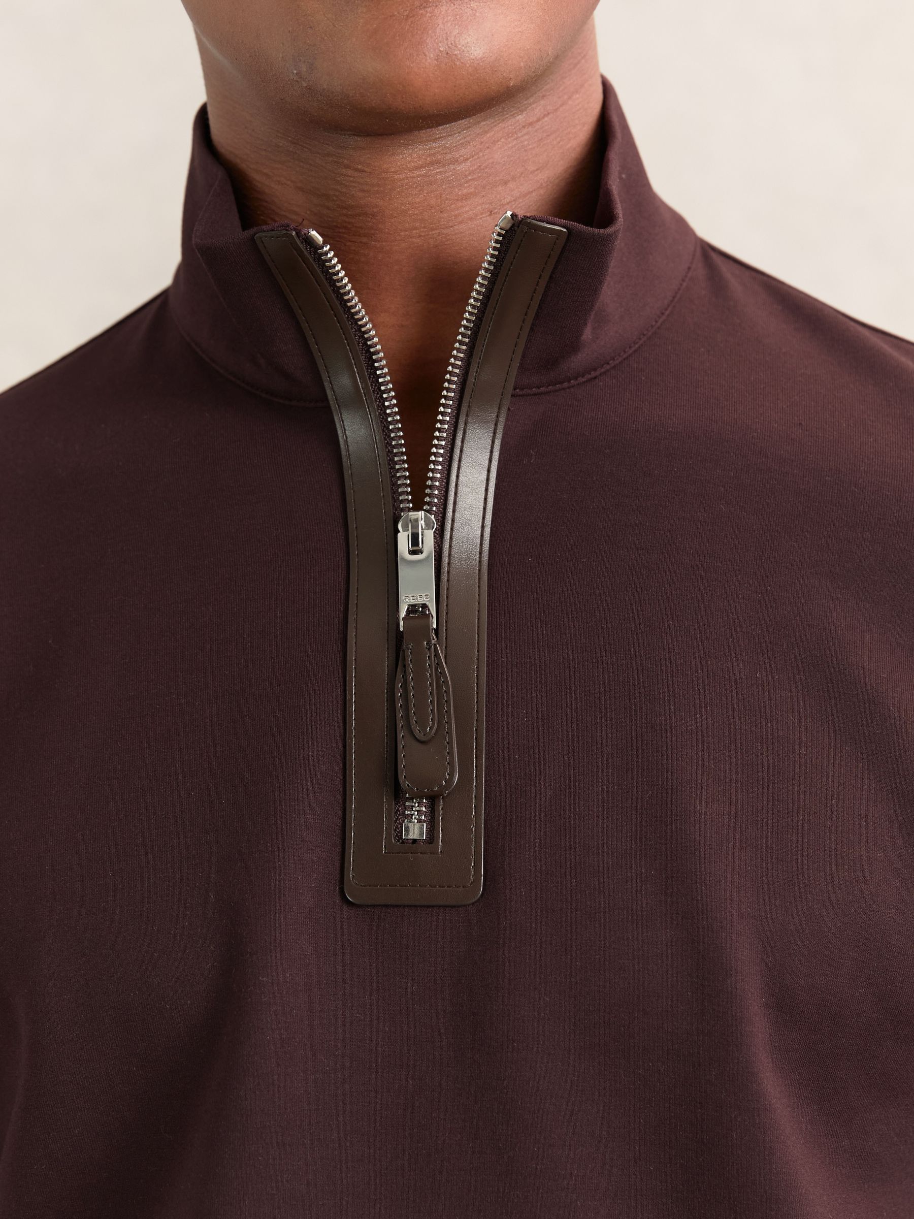 Leather-Placket Interlock Sweatshirt in Cherry Red