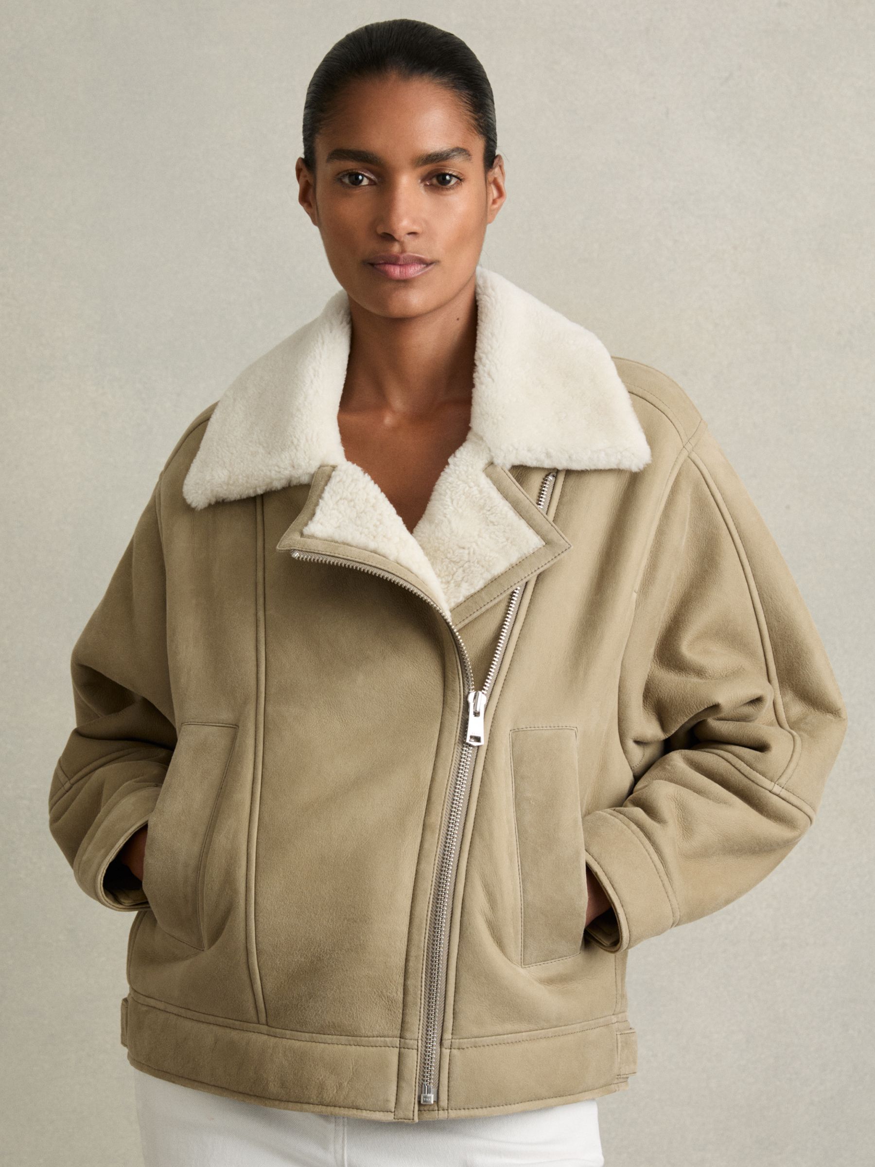 Shearling-Lined Leather Aviator Jacket in Light Green