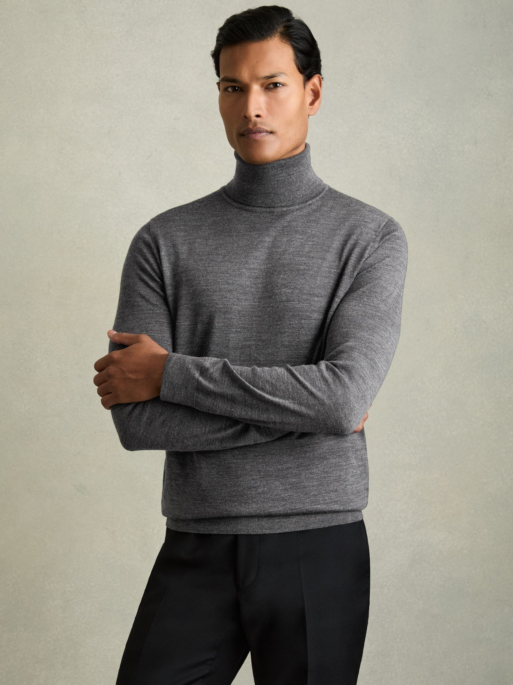 Slim Fit Merino Wool Roll Neck Jumper in Derby Grey Marl