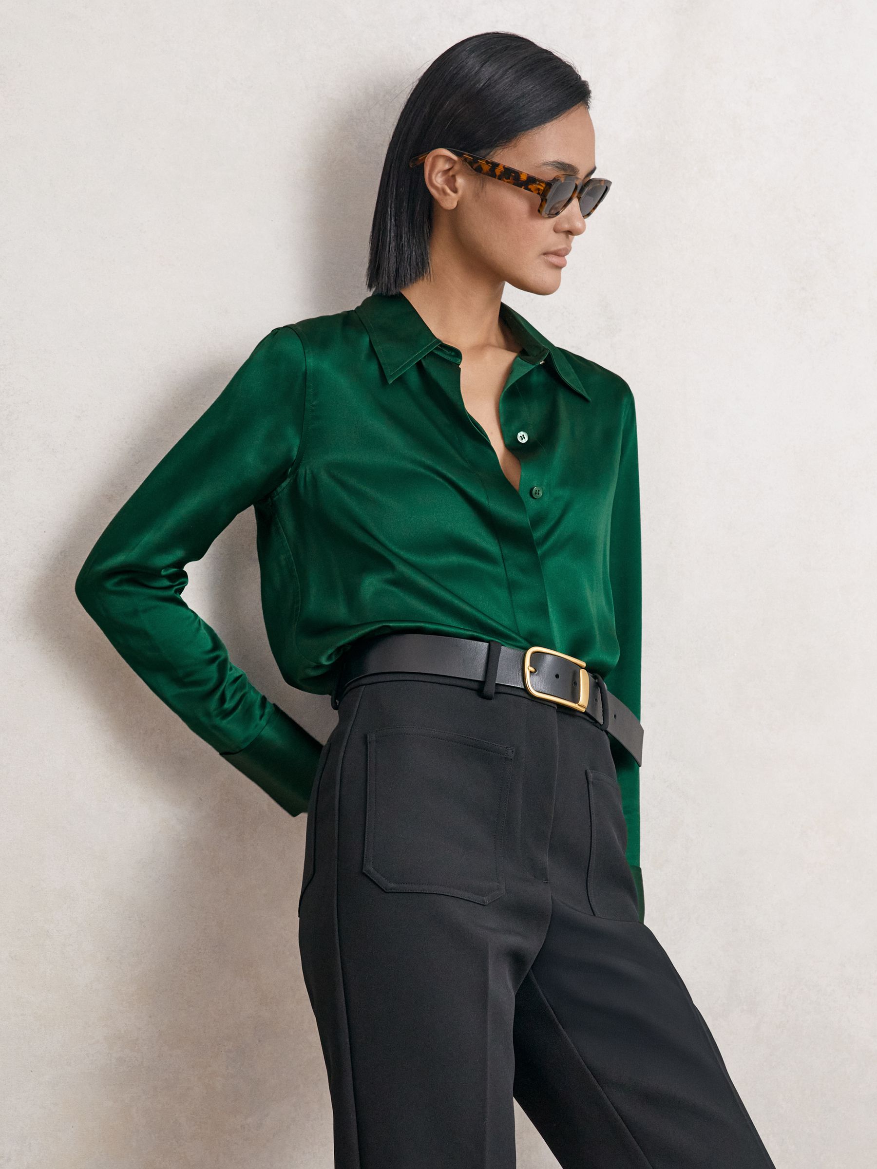 Silk-Satin Concealed-Placket Shirt in Green