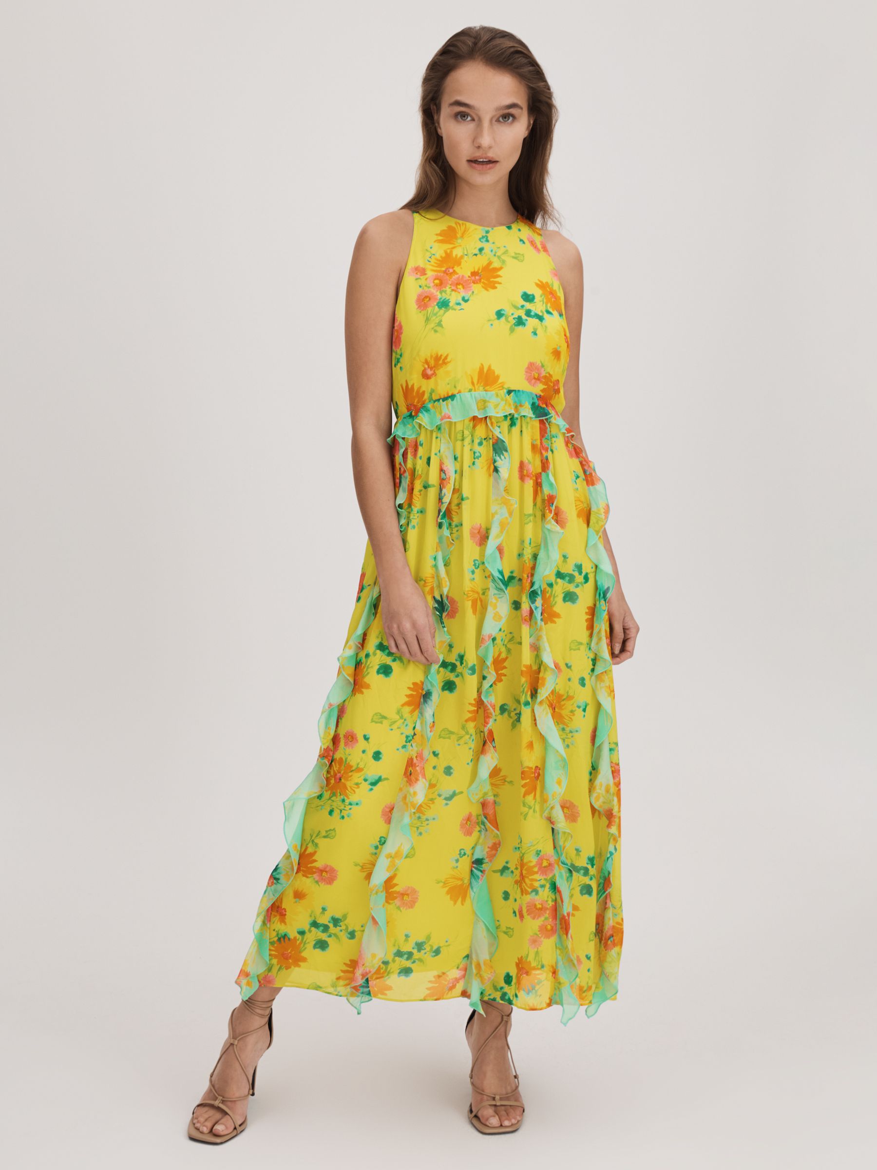 Florere Printed Ruffle Midi Dress in Lime