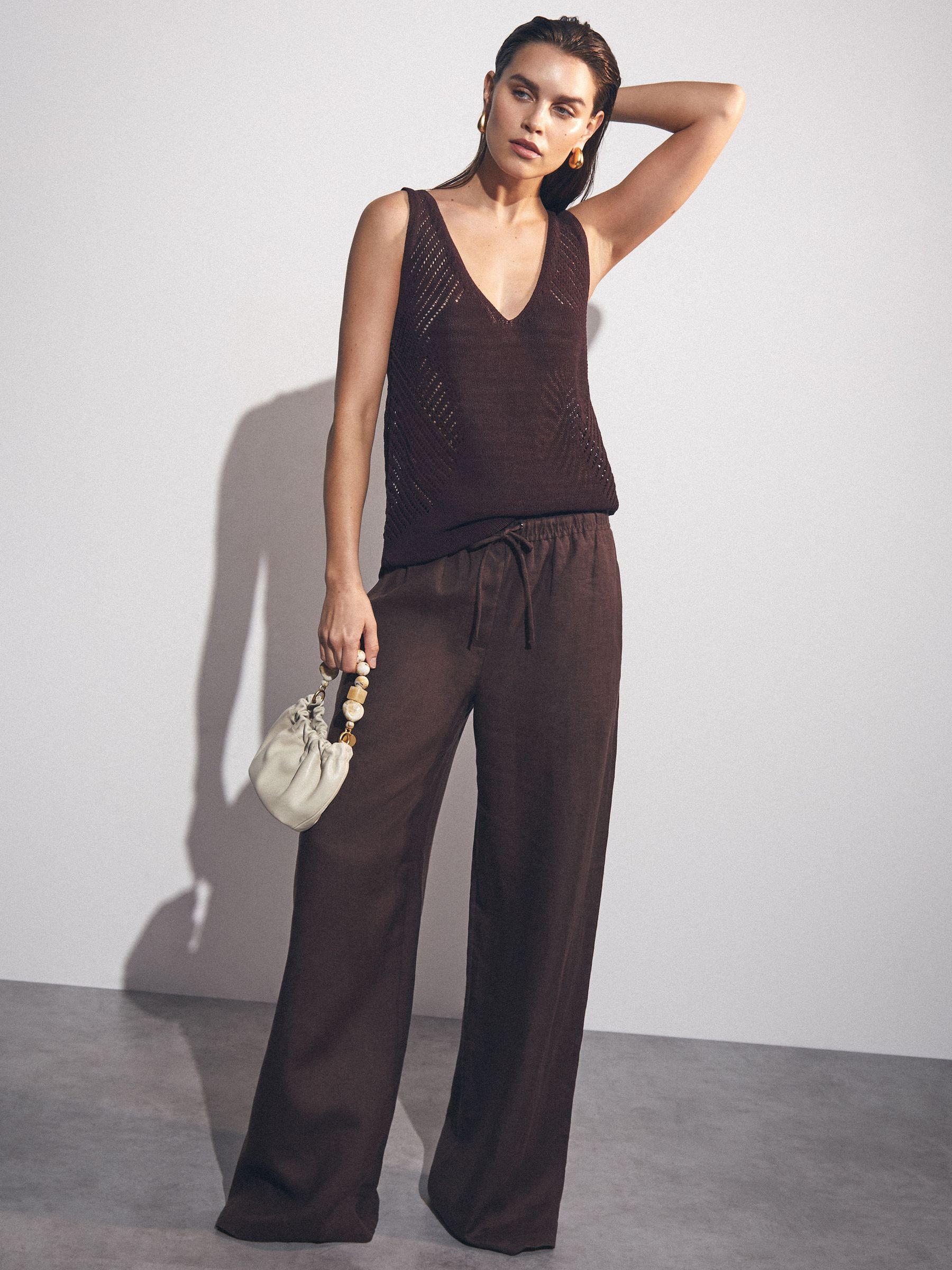 Linen-Blend Wide-Leg Trousers in Chocolate Brown