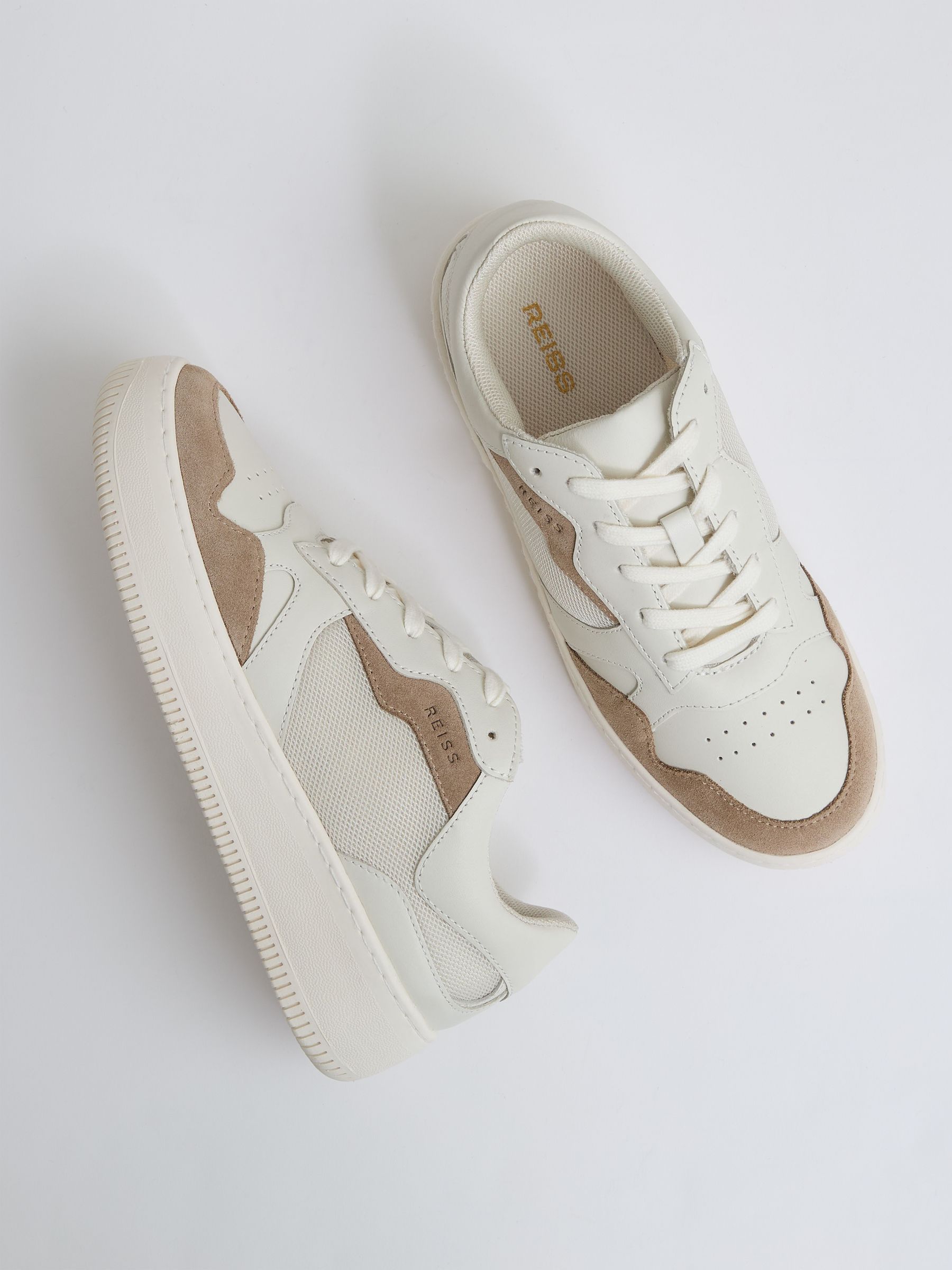 Leather And Mesh Platform Trainers in Taupe