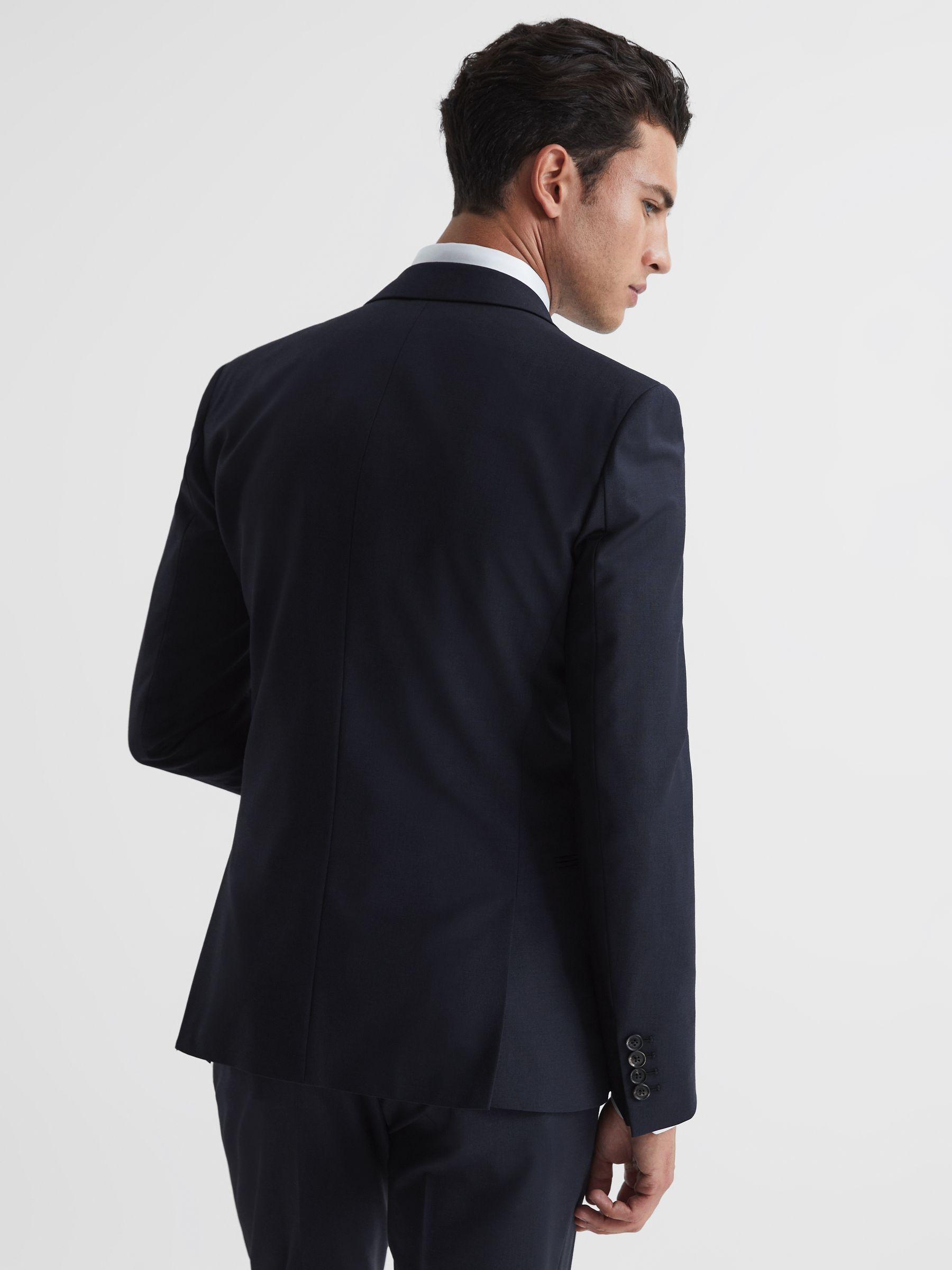 Slim Fit Single Breasted Wool Blazer in Navy