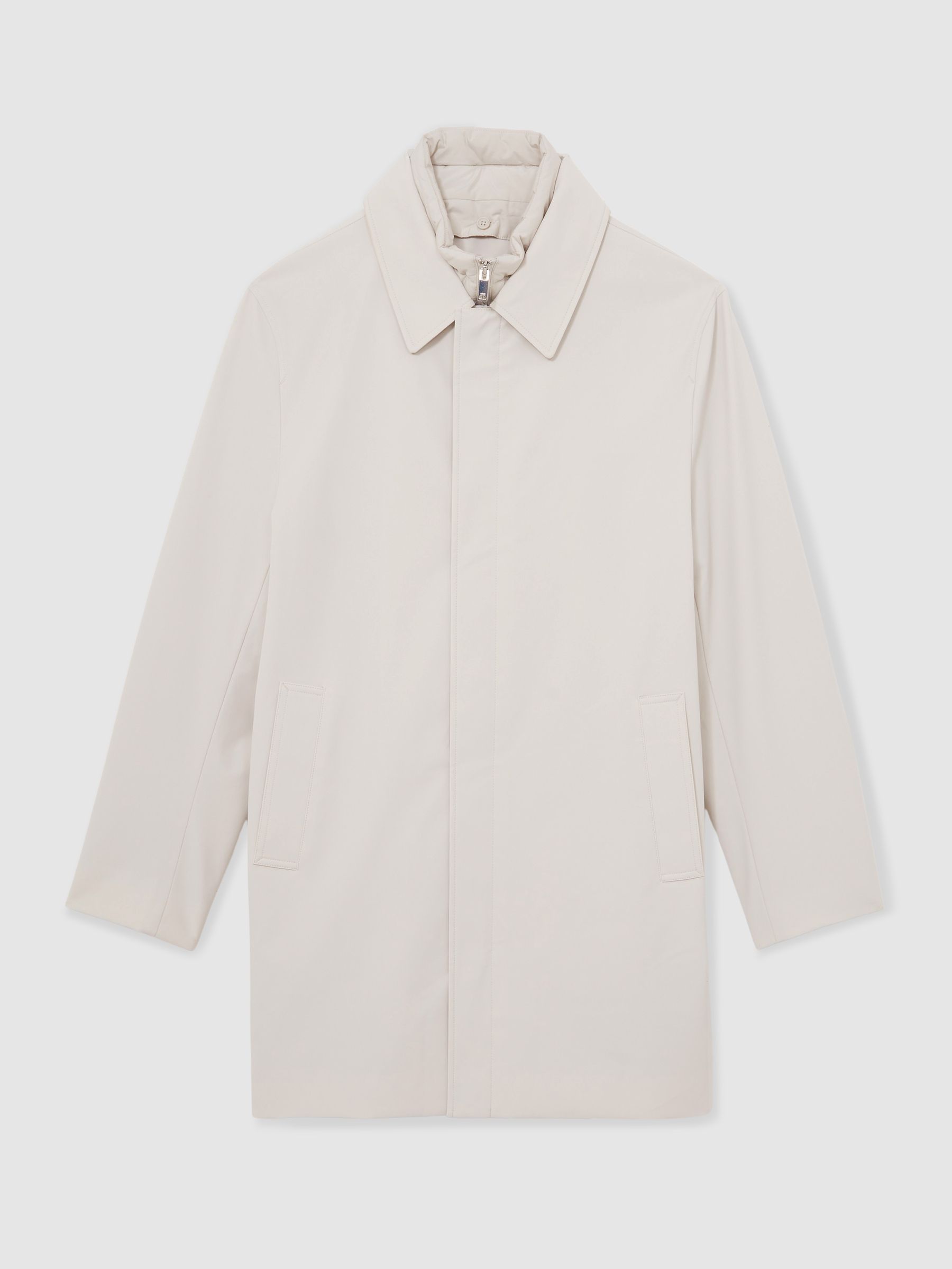 Hybrid Removable Funnel Neck Overcoat in Light Stone