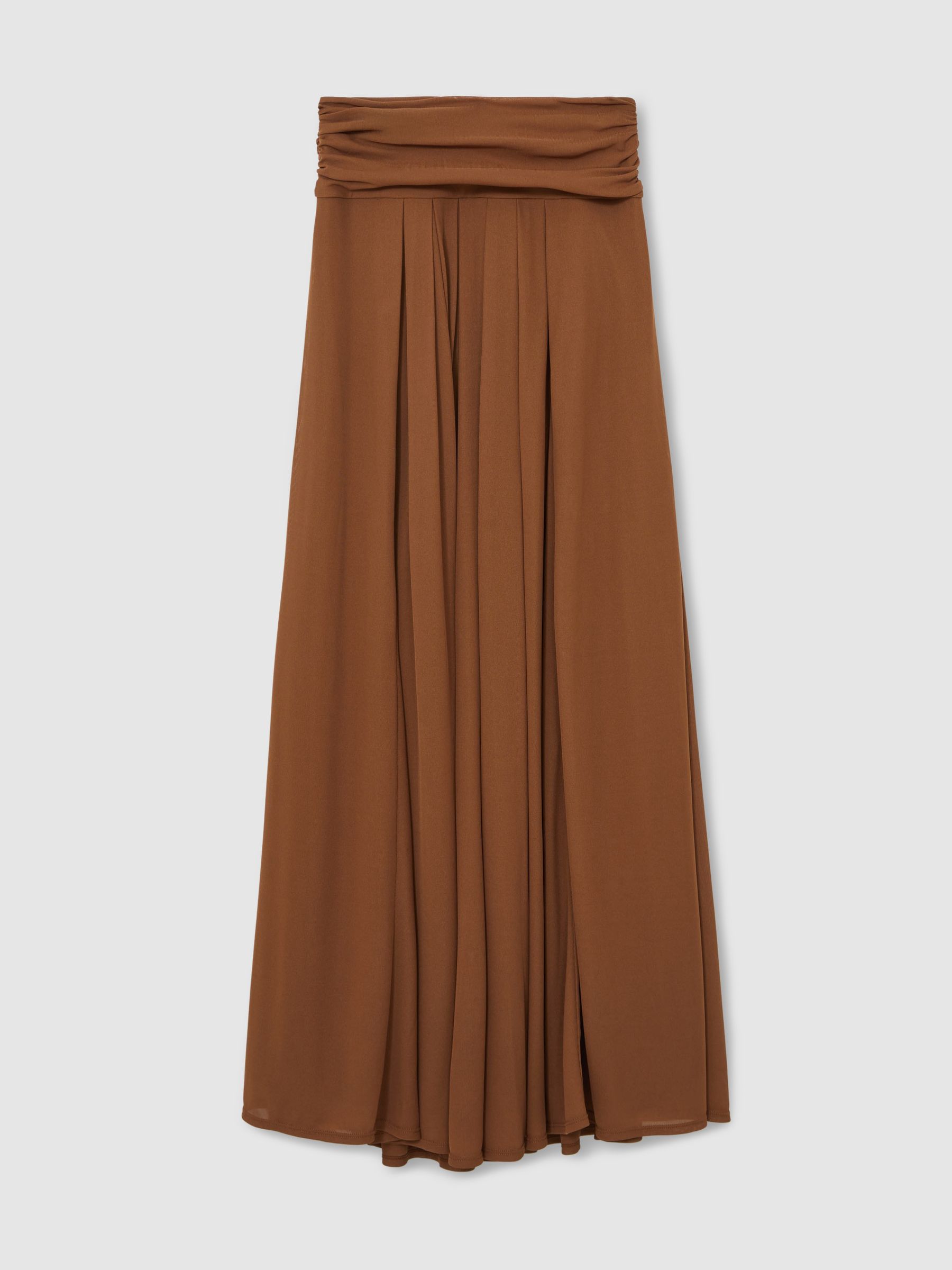 Jersey Ruched-Waist Maxi Skirt in Tan Brown