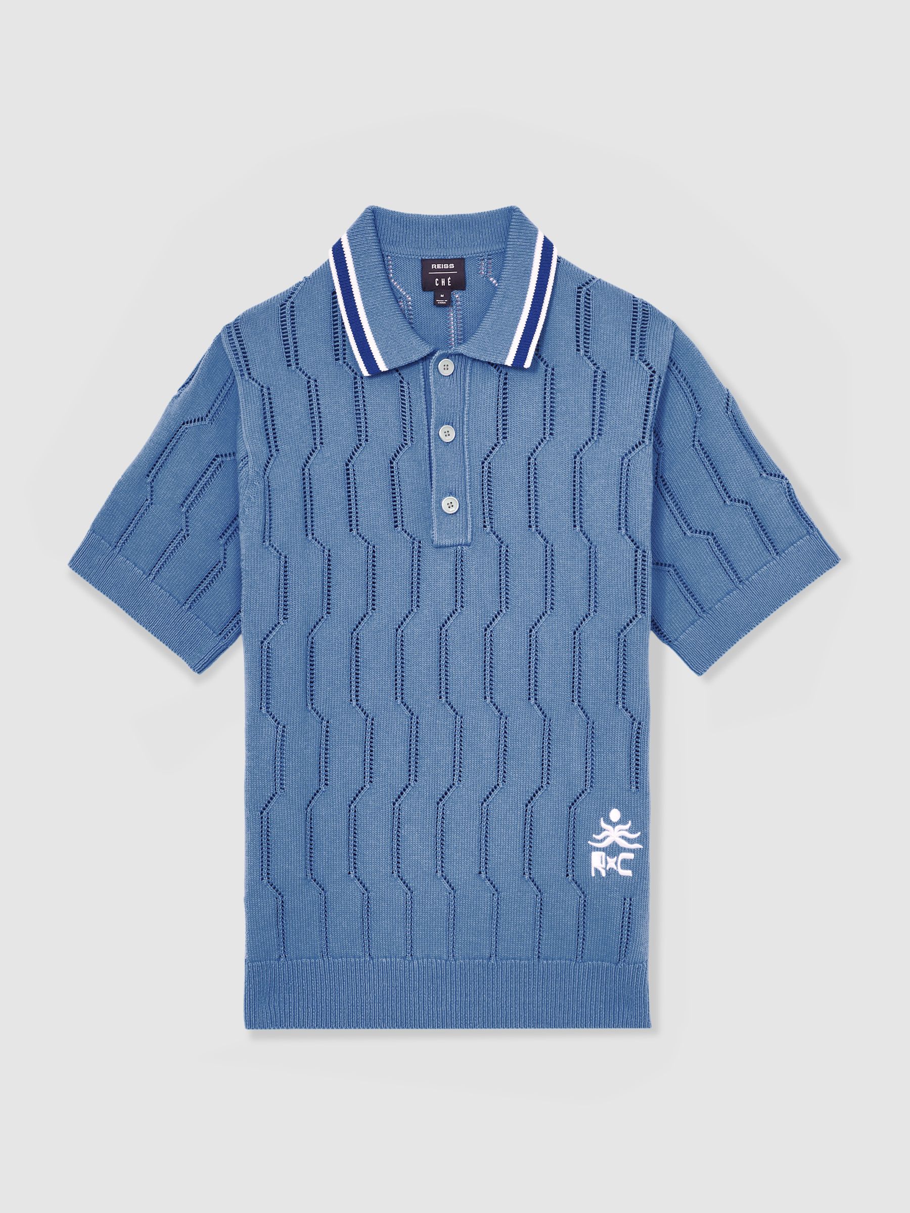 Reiss | Ché Cotton Pointelle Polo Shirt in Blue