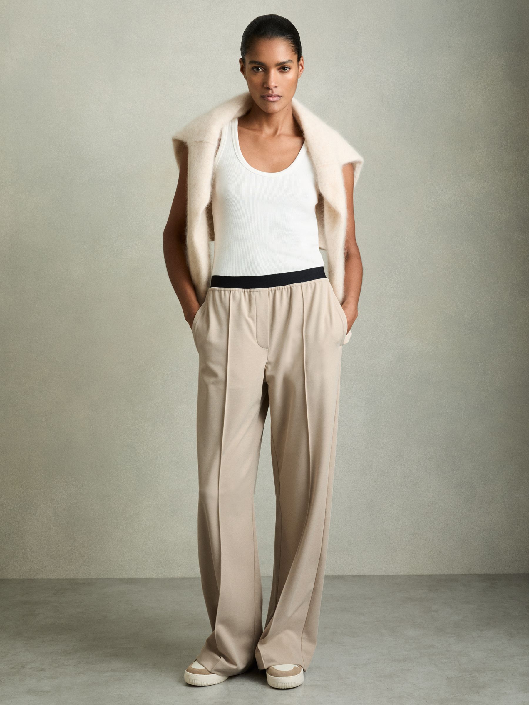 Petite Wide-Leg Elasticated-Waistband Trousers in Neutral