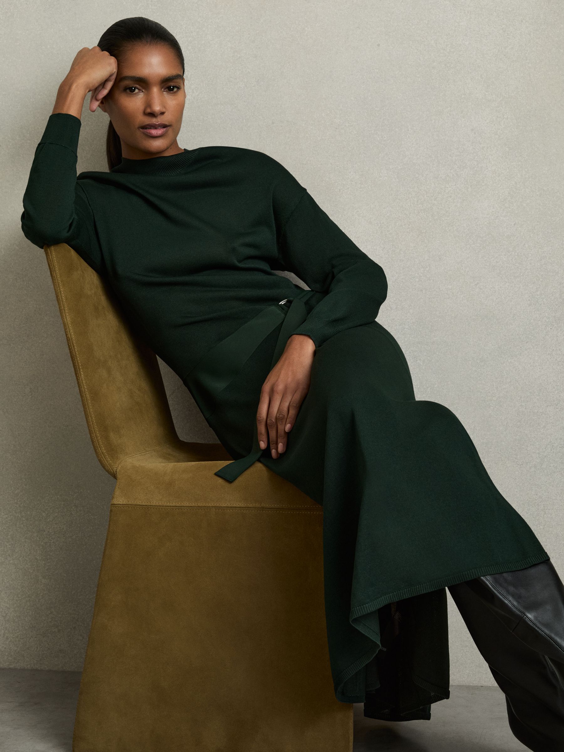Petite Compact-Knit Belted Midi Dress in Dark Green