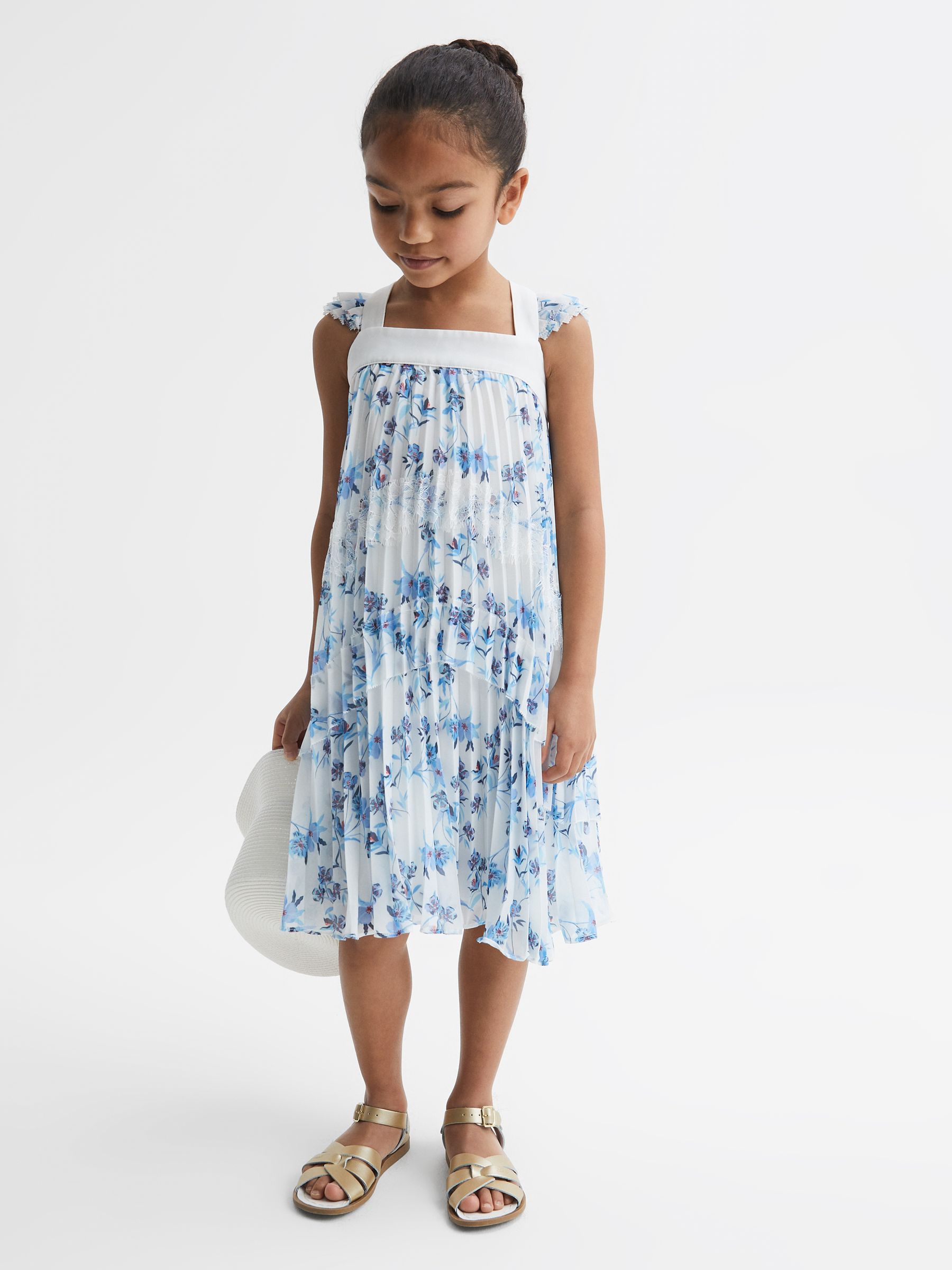 Floral Printed Pleated Dress in Blue Print