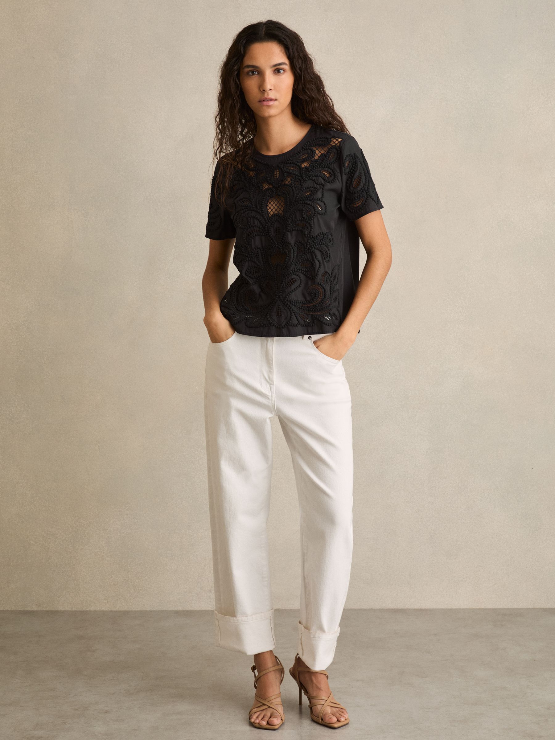 Floral Cut-Out Embroidery Top in Black