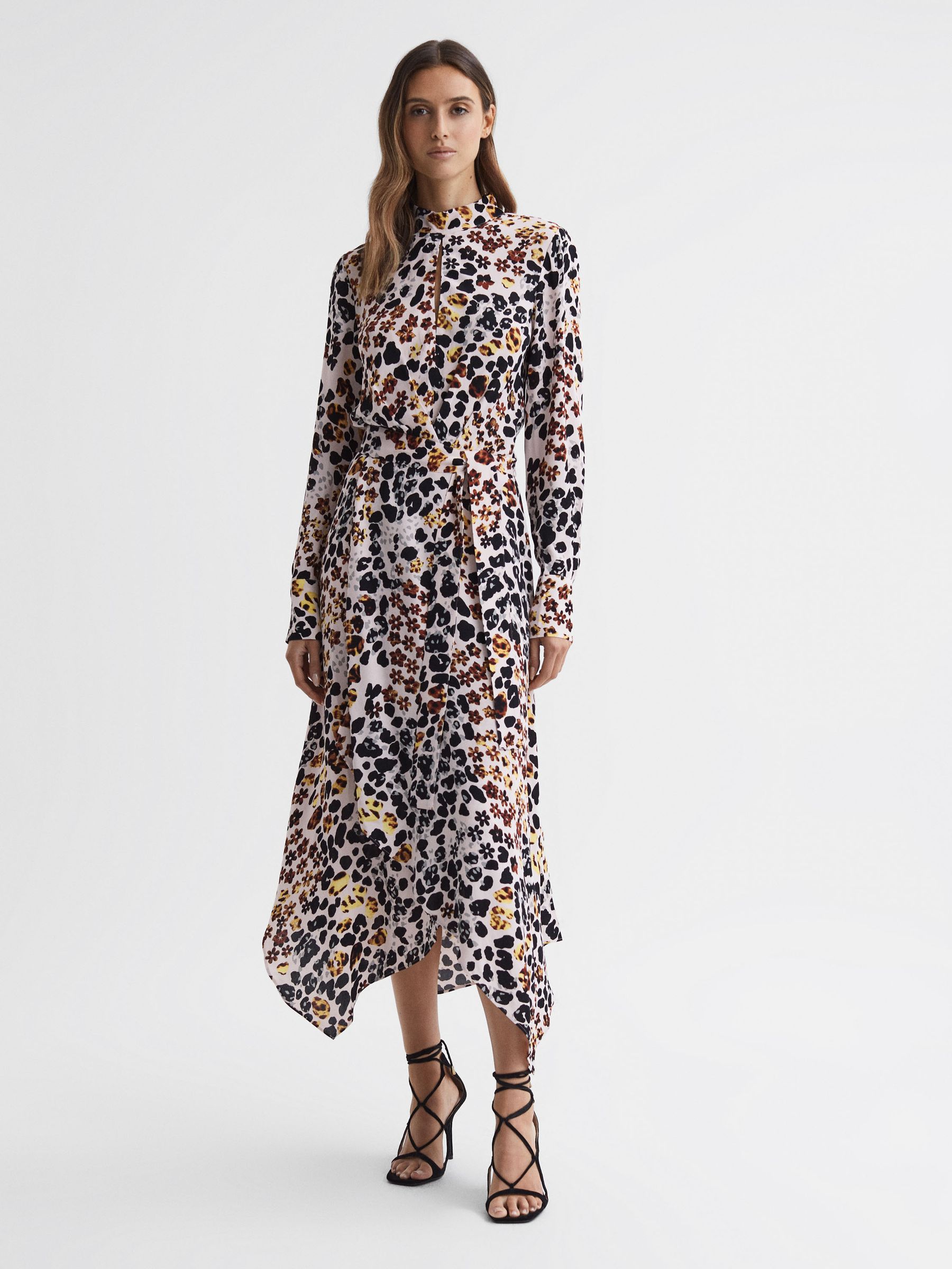 Animal Print Belted Midi Dress in Nude/Black