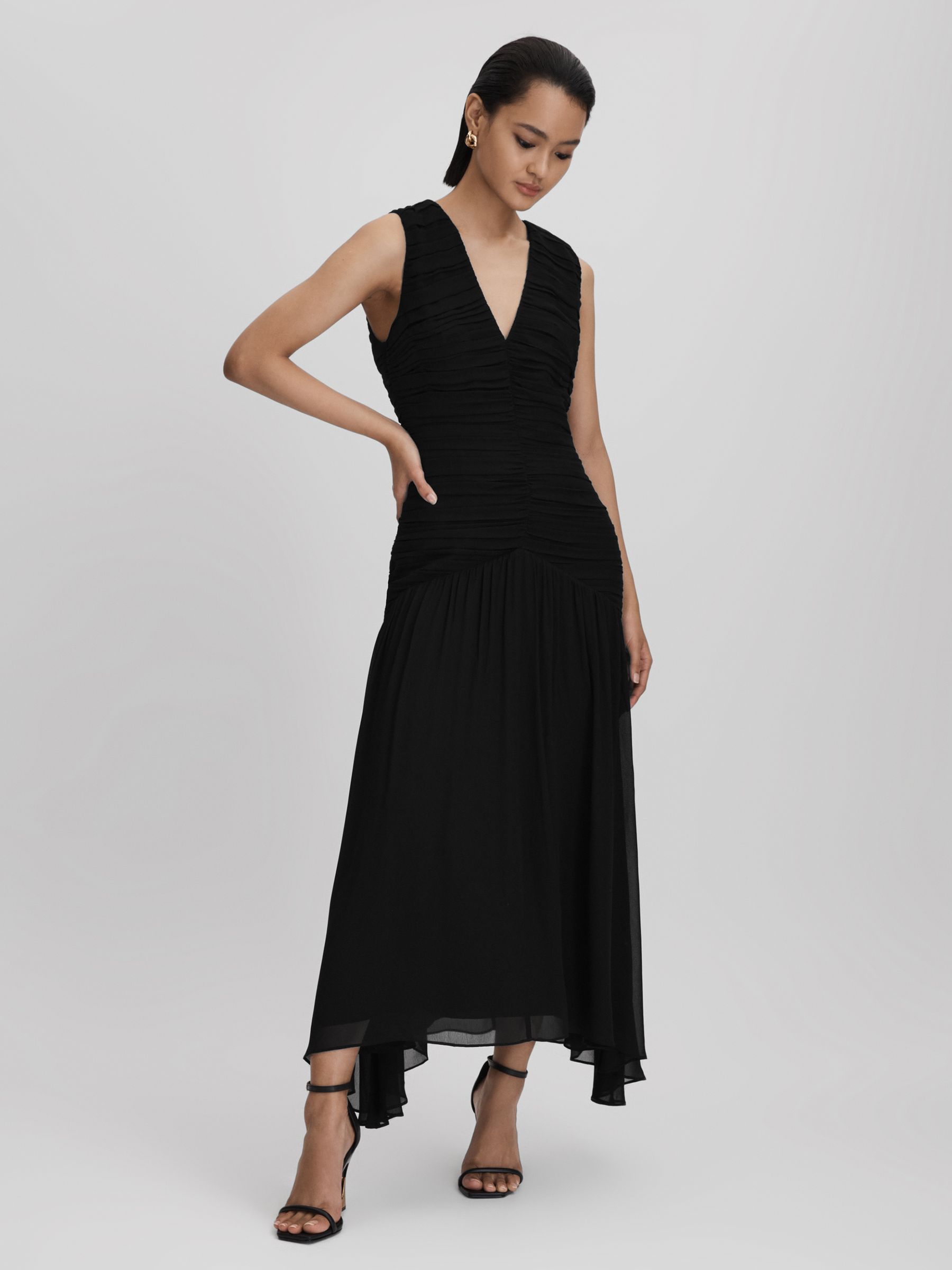 Ruched Bodycon Midi Dress in Black