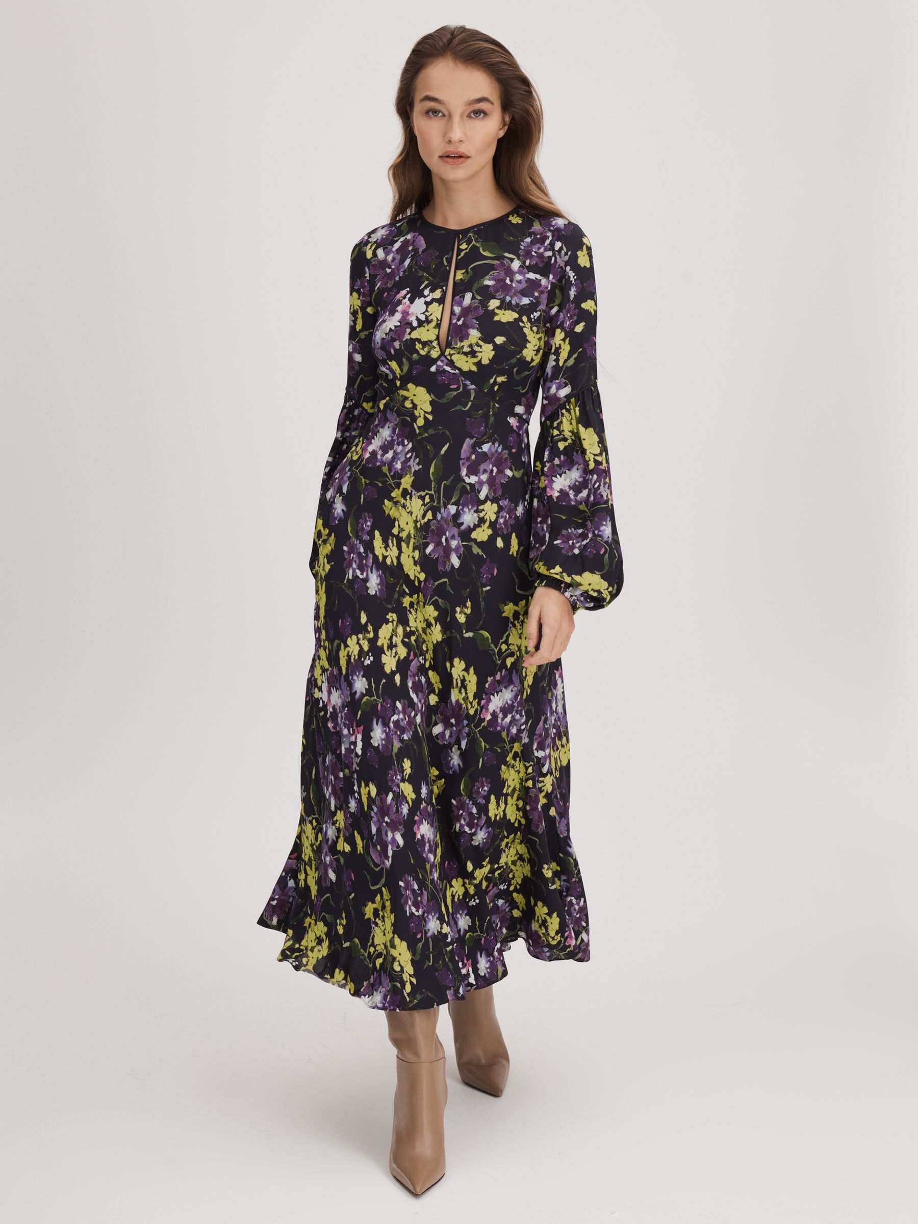 Florere Printed Blouson Sleeve Midi Dress in Dark Purple