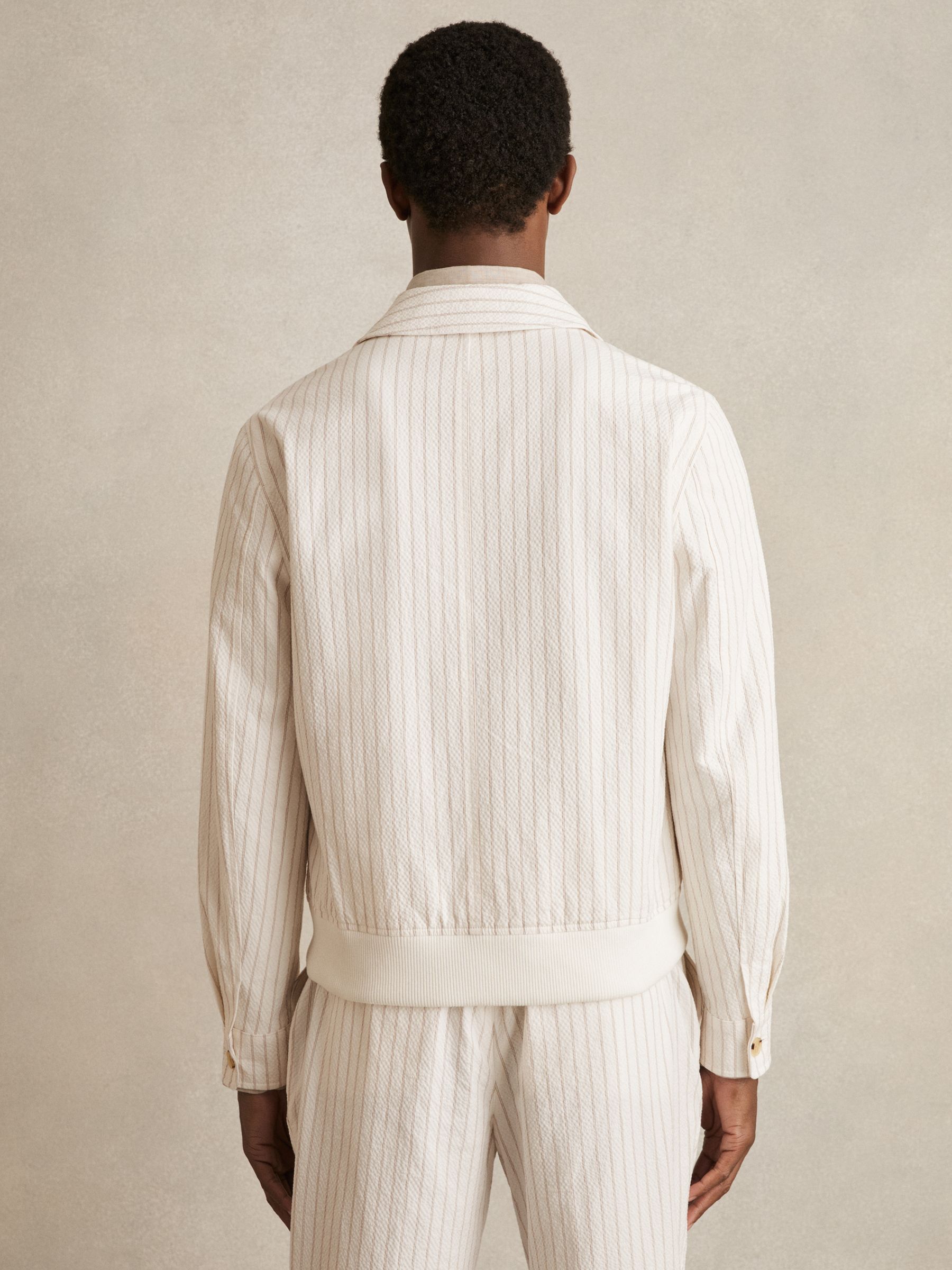 Cotton-Blend Pinstripe Harrington Jacket in Off White/Taupe Brown