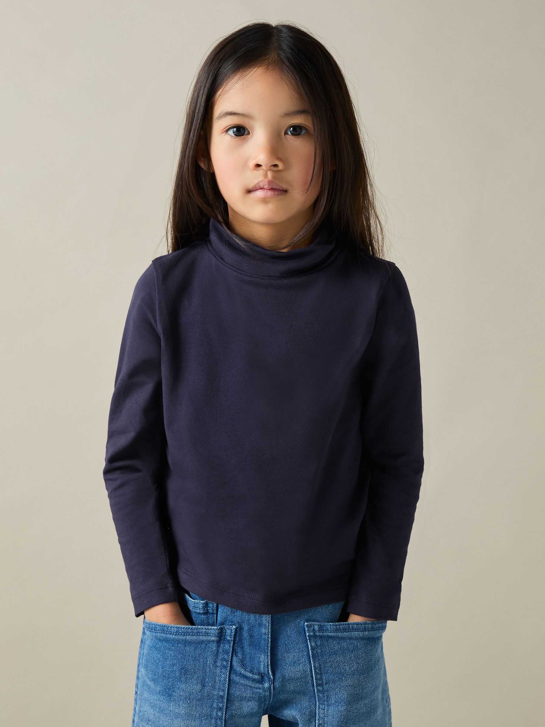 9-13 yrs Cotton-Jersey Roll-Neck Top with Stretch in Navy