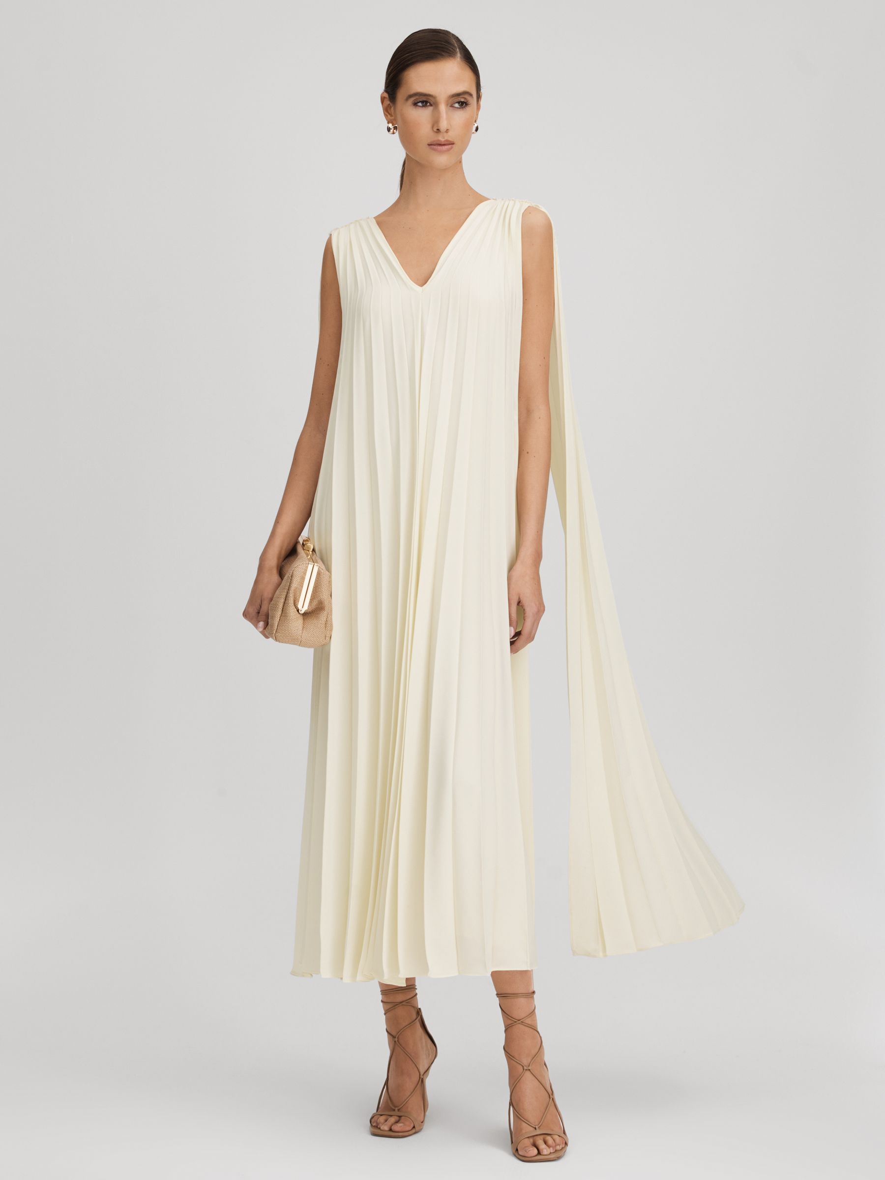 Pleated Cape Sleeve Midi Dress in Lemon