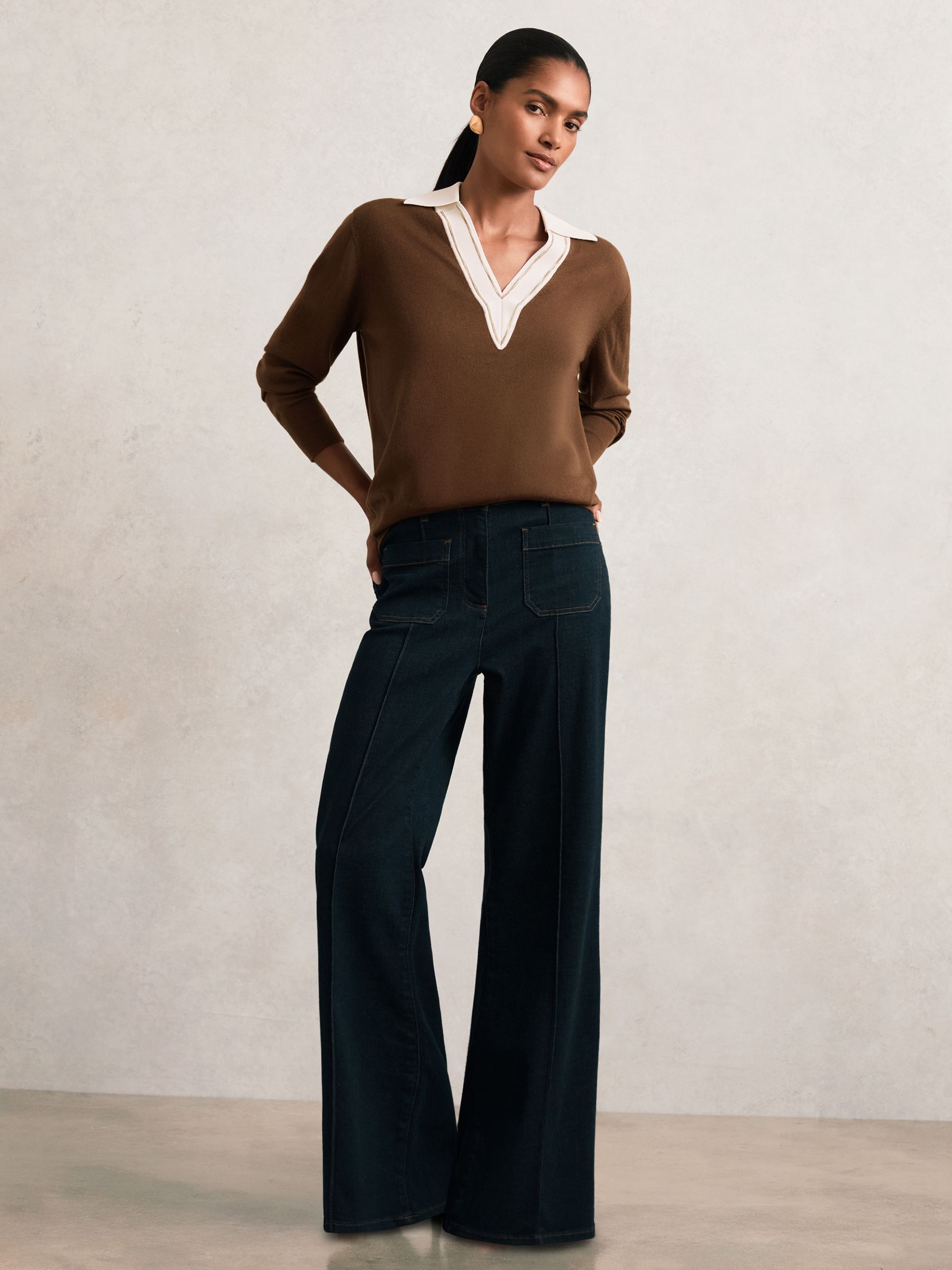 Wool Collared Cricket Jumper in Chocolate Brown/Ivory