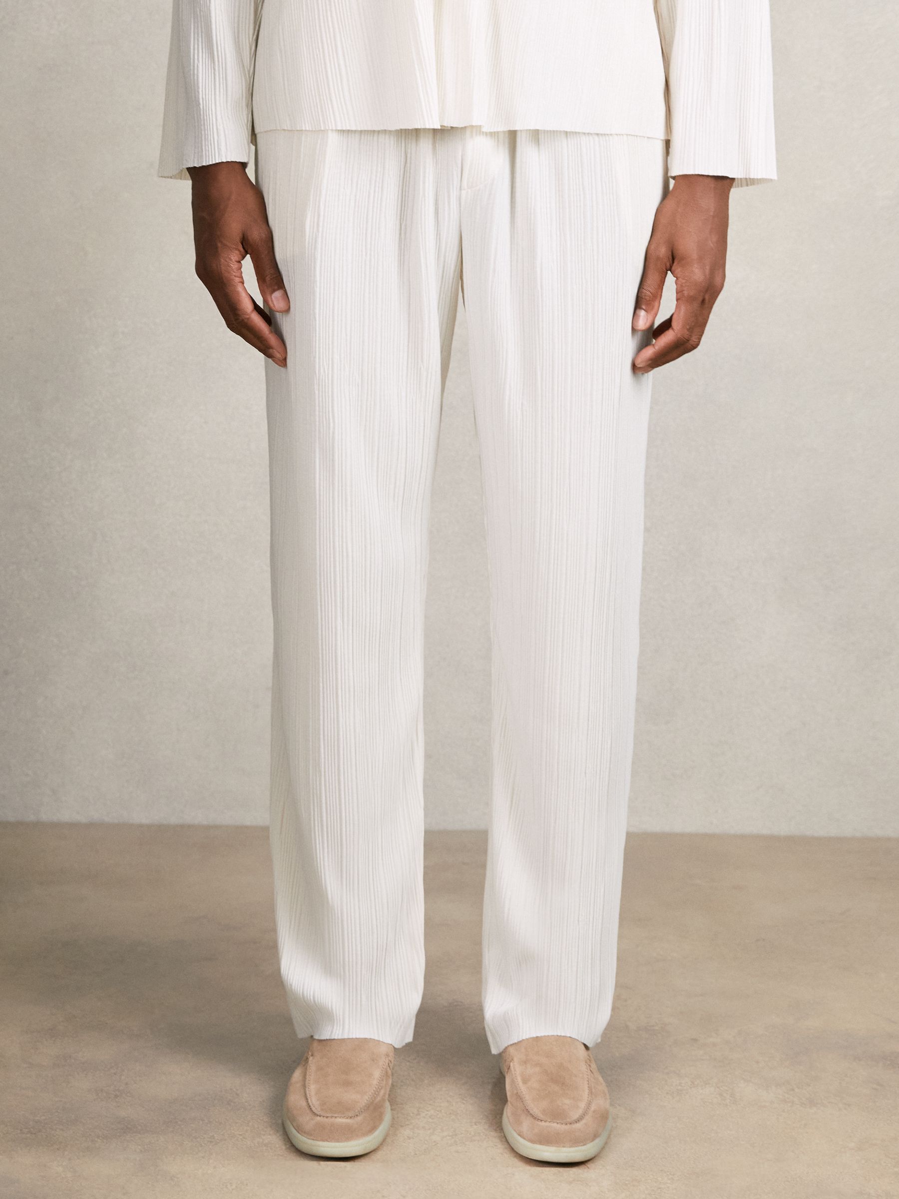 Wide Leg Plisse Trousers in Off White
