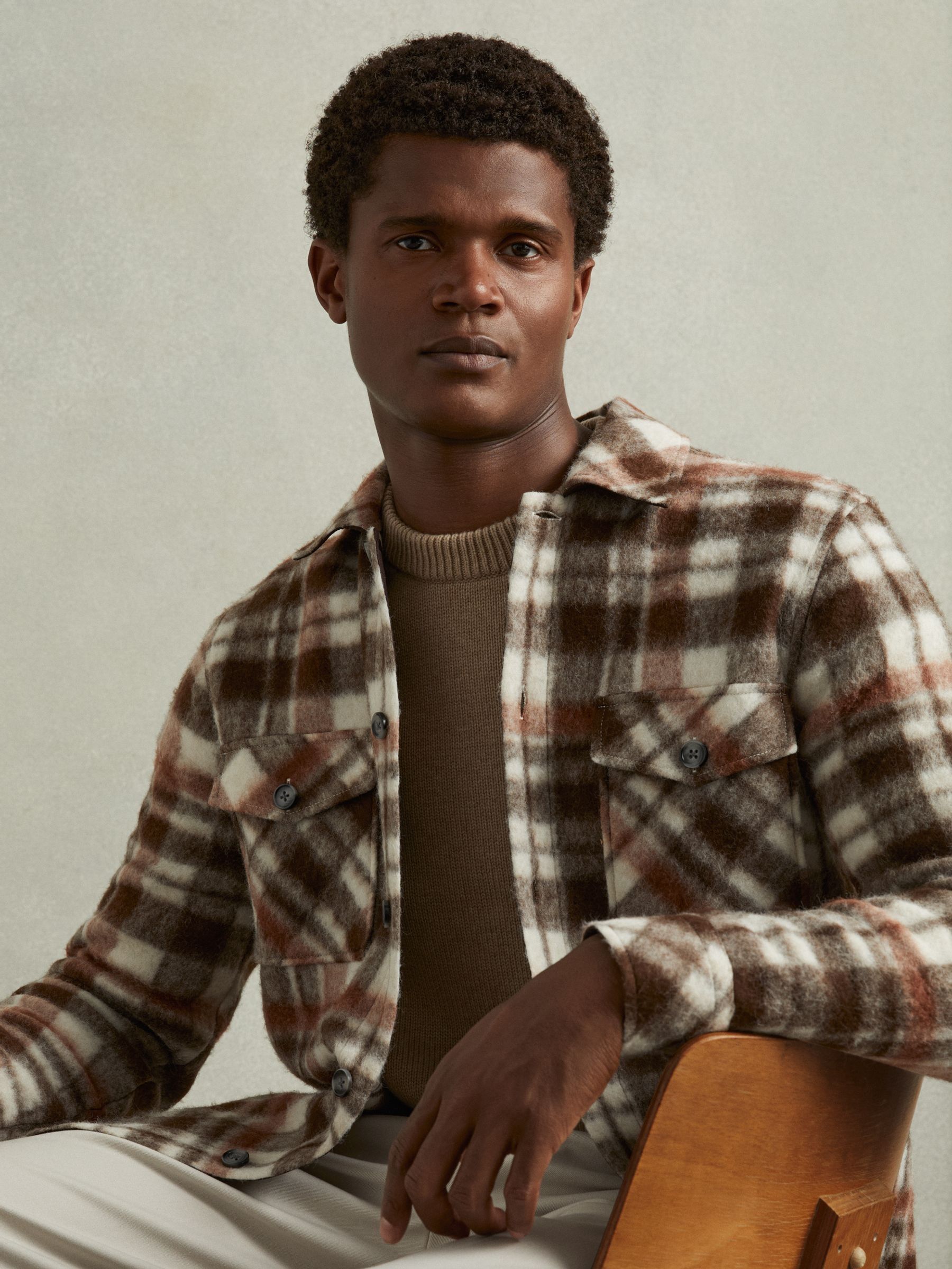 Patch-Pocket Checked Overshirt in Brown