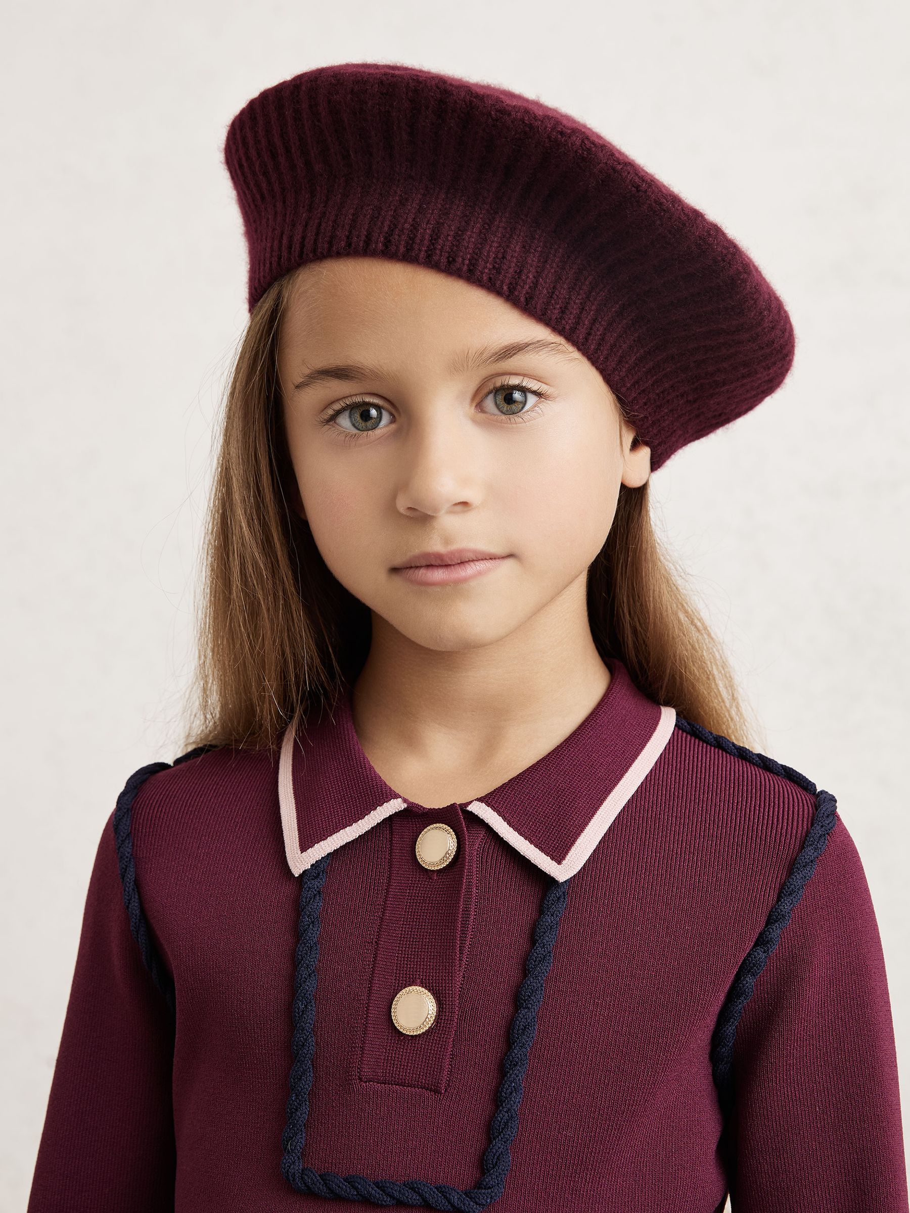 Wool Blend Rib Knit Beret With Cashmere in Berry