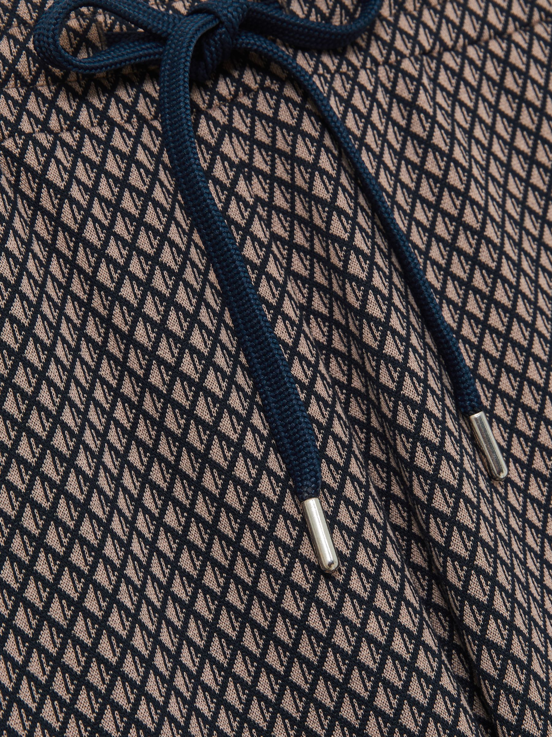 Geometric Jacquard Drawstring Shorts in Tobacco Brown/Navy