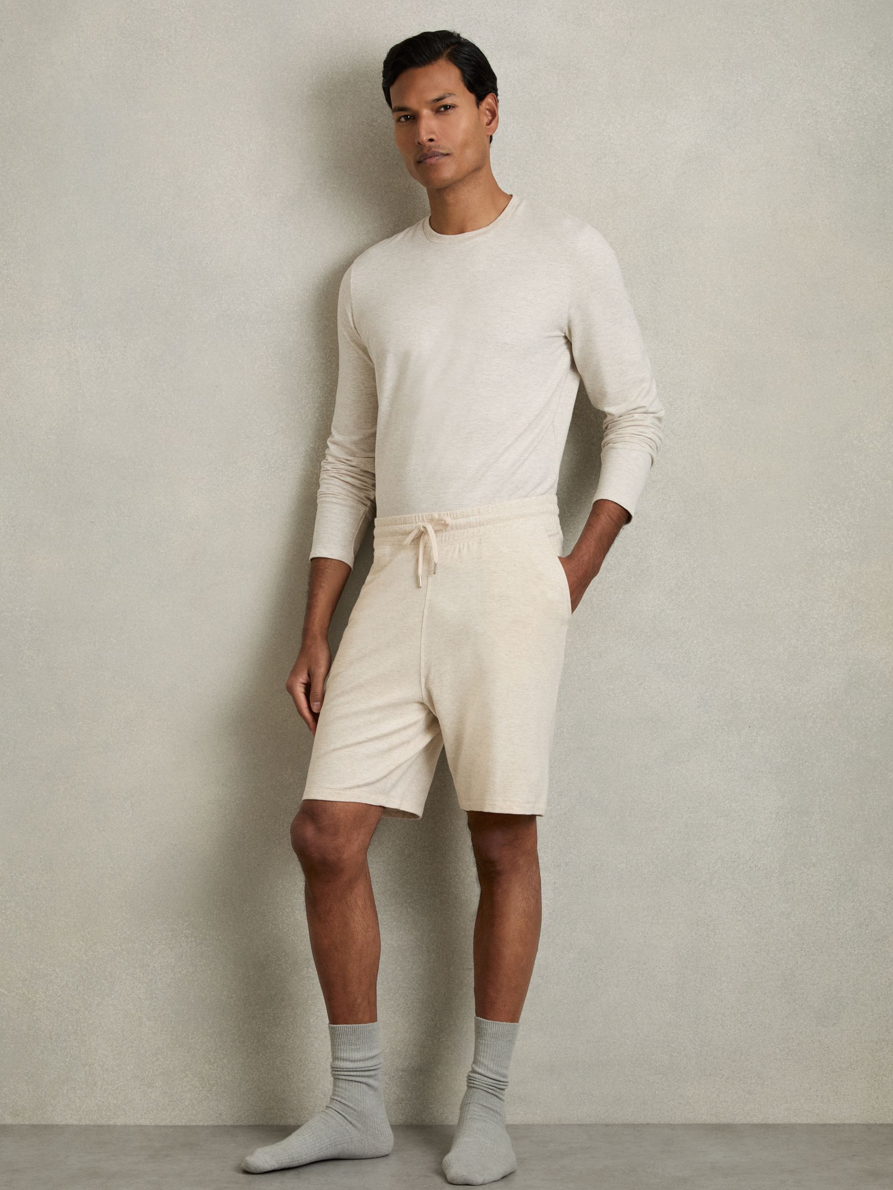 Drawstring Fleece Lined Shorts in Oatmeal Melange