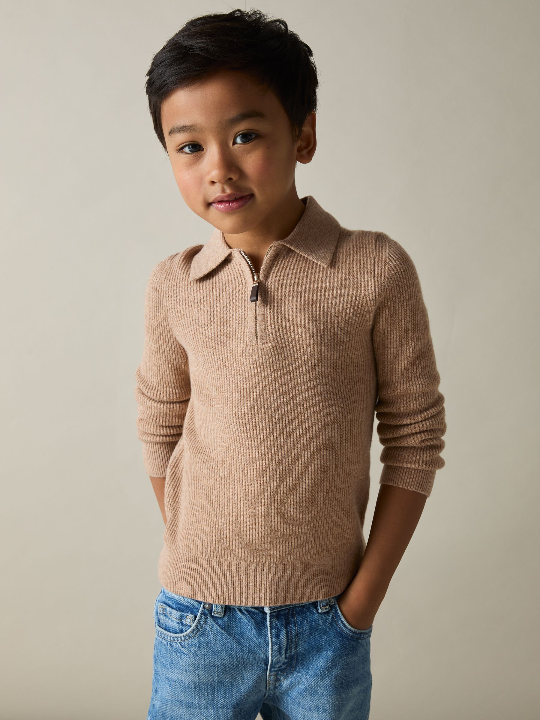 9-13 yrs Merino Wool Quarter Zip Polo Shirt in Soft Camel Brown