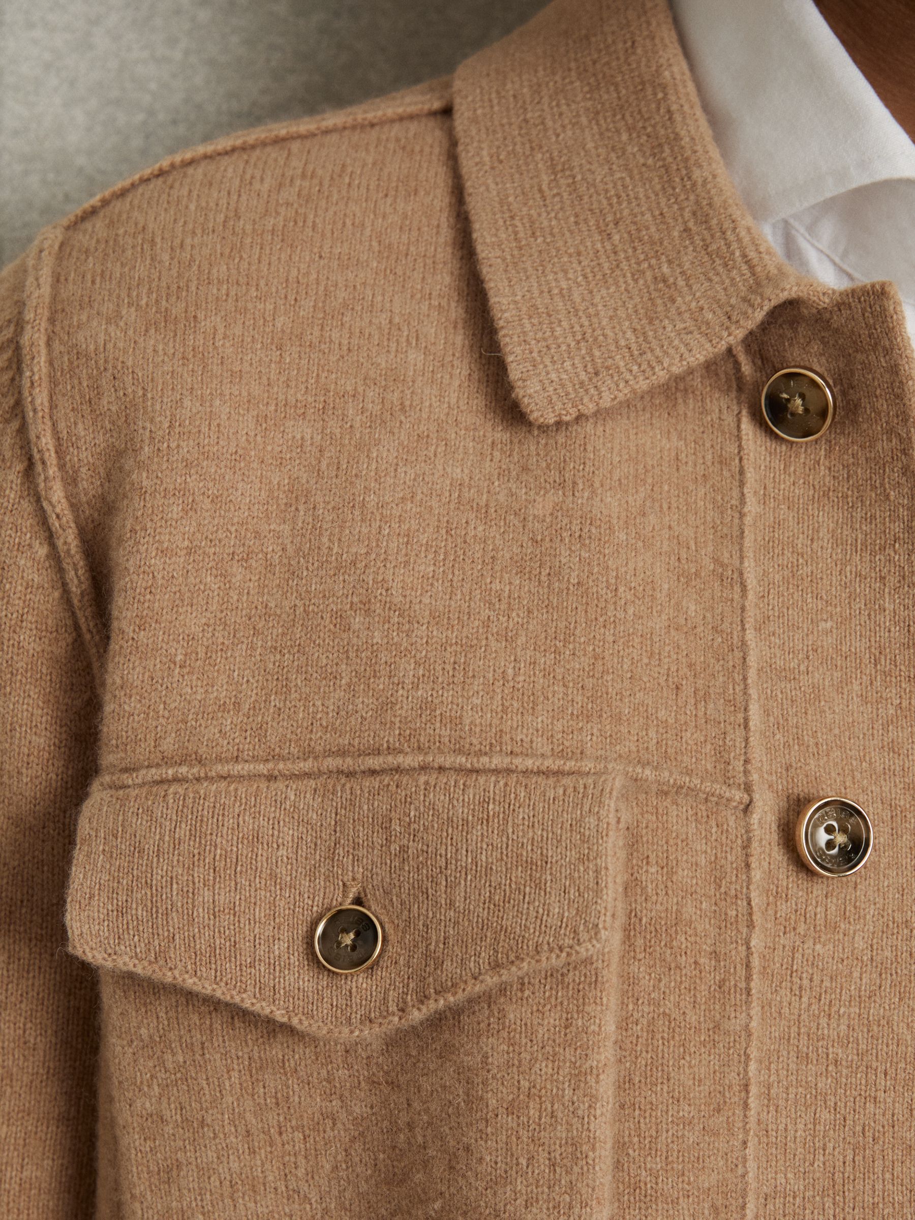 Wool Button Through Knitted Jacket in Camel Melange