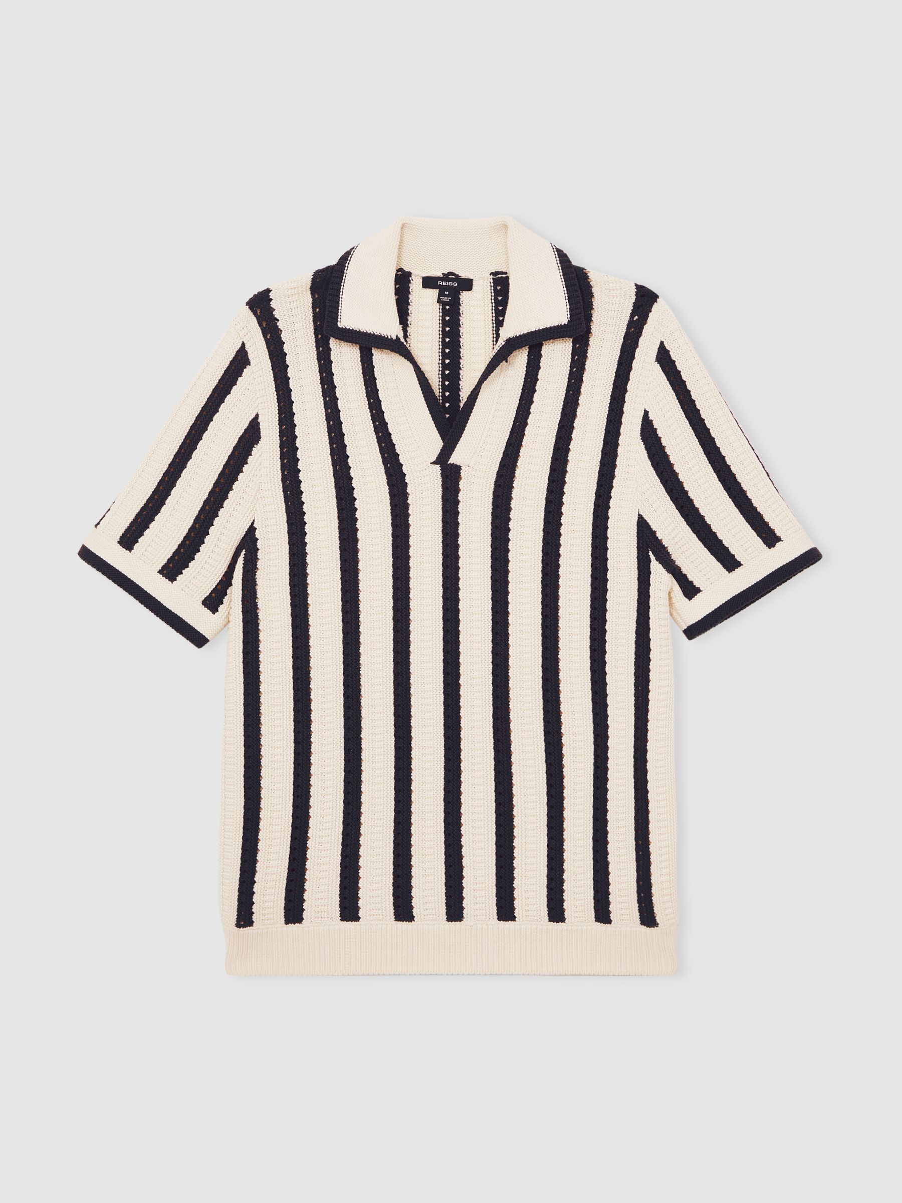 Cotton Blend Stripe Knit Polo Shirt in Off White/Navy