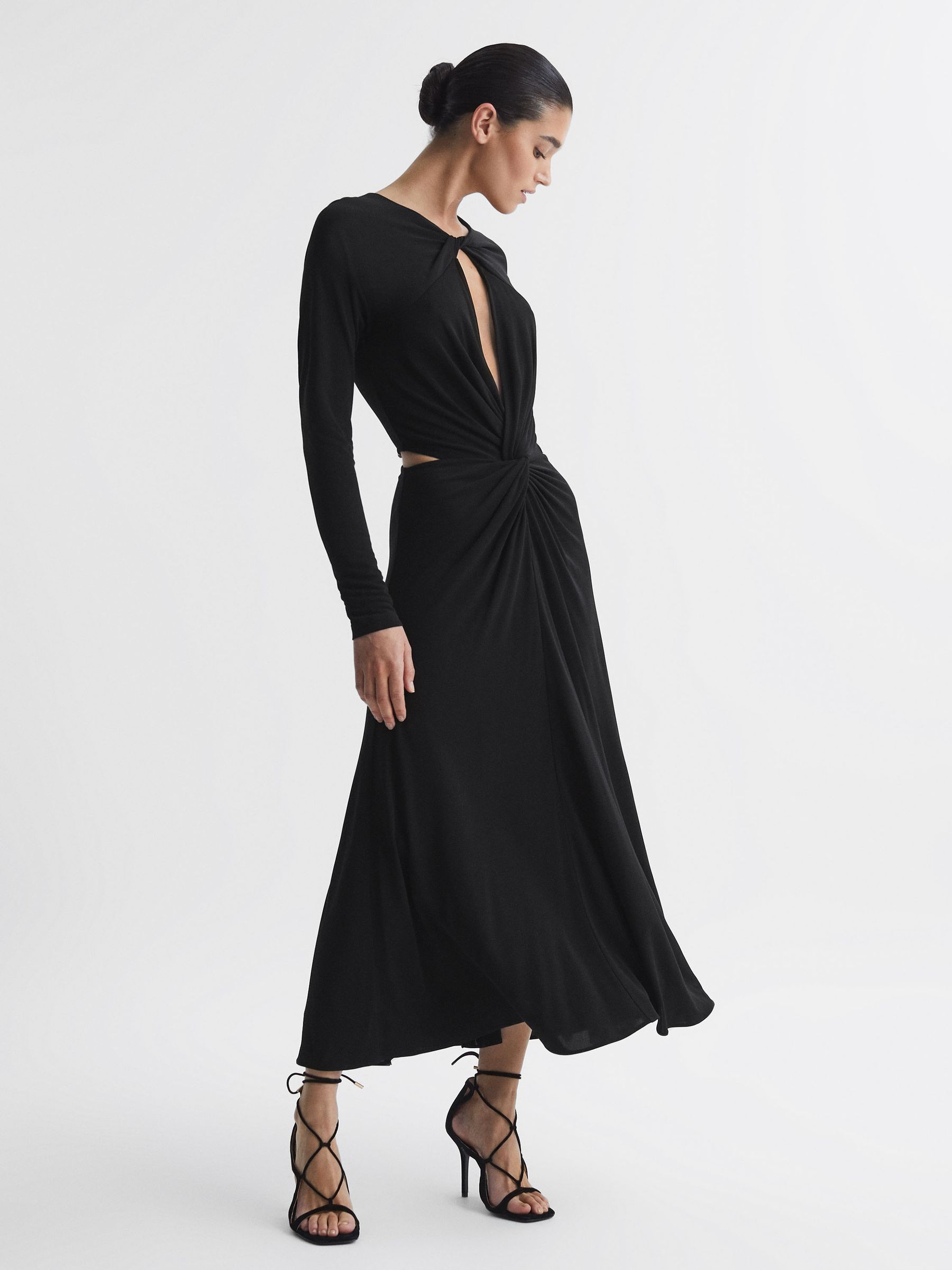 Twist Cut-Out Midi Dress in Black