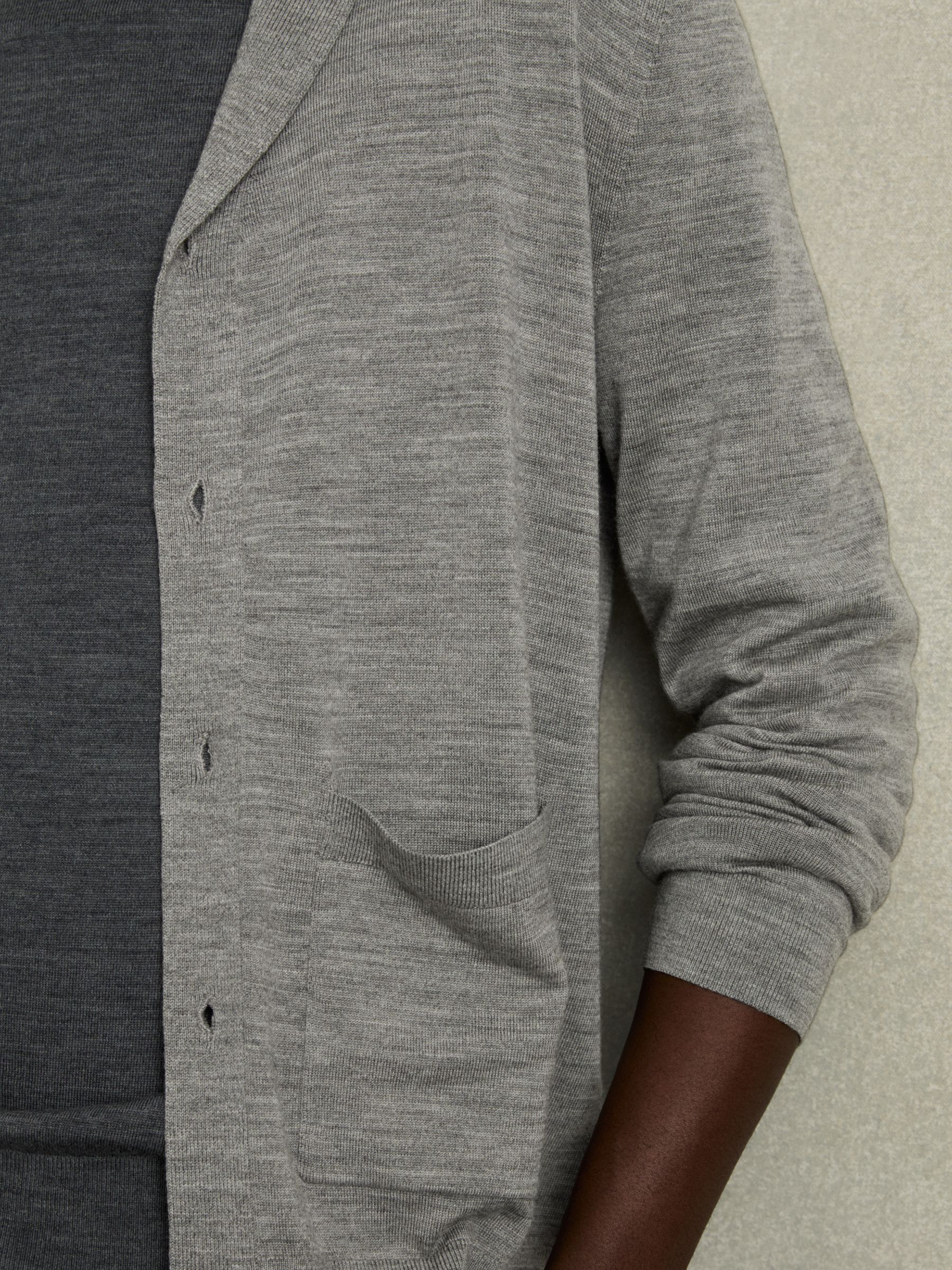 Merino Wool Shawl-Collar Cardigan in Warm Grey Melange
