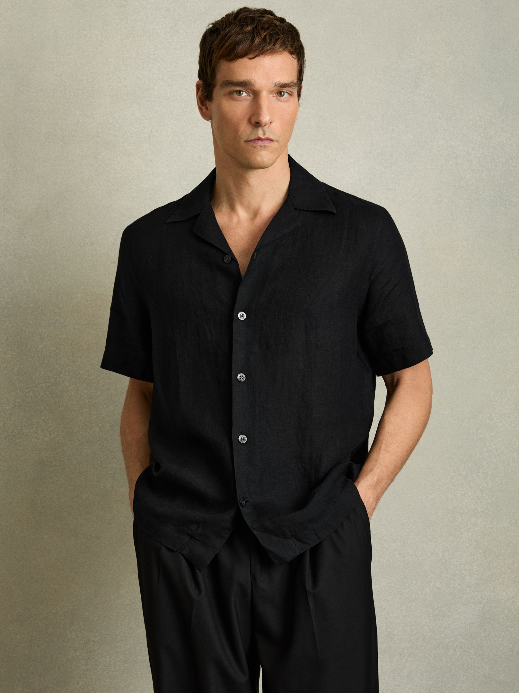 Relaxed Linen Cuban Collar Shirt in Black