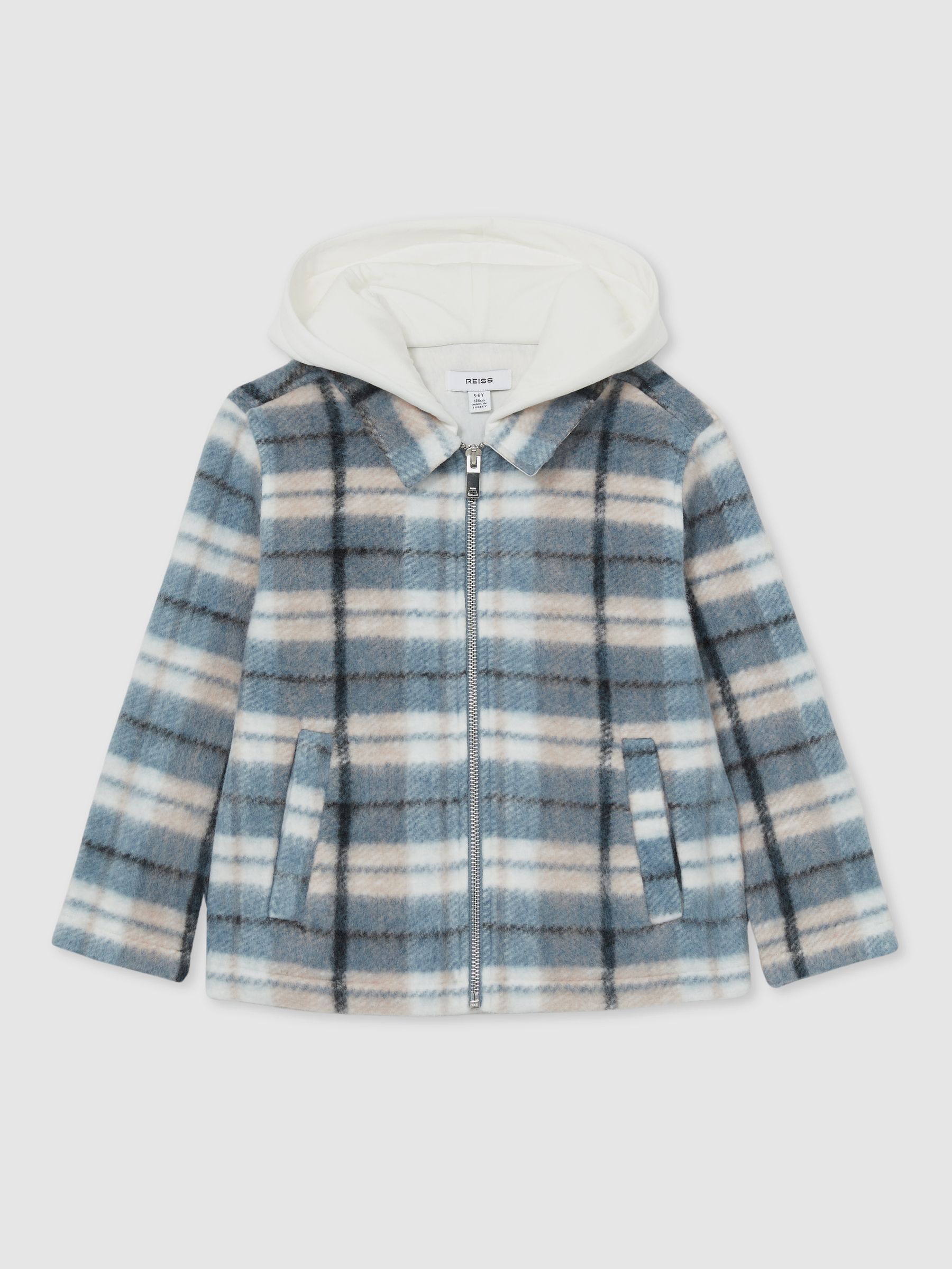 9-13 yrs Long Sleeved Hooded Check Overshirt in Blue