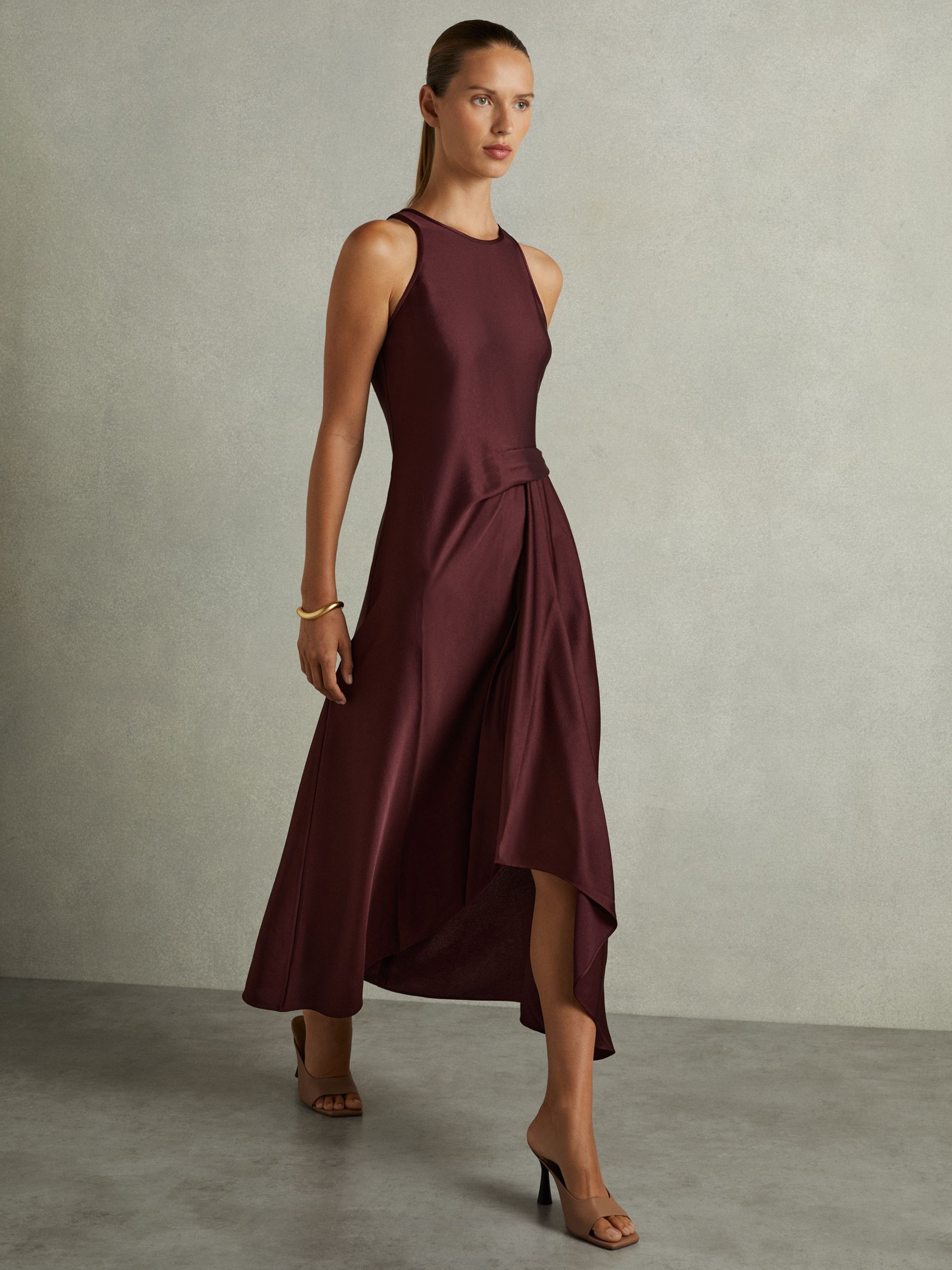 Satin Drape Tuck Midi Dress in Burgundy