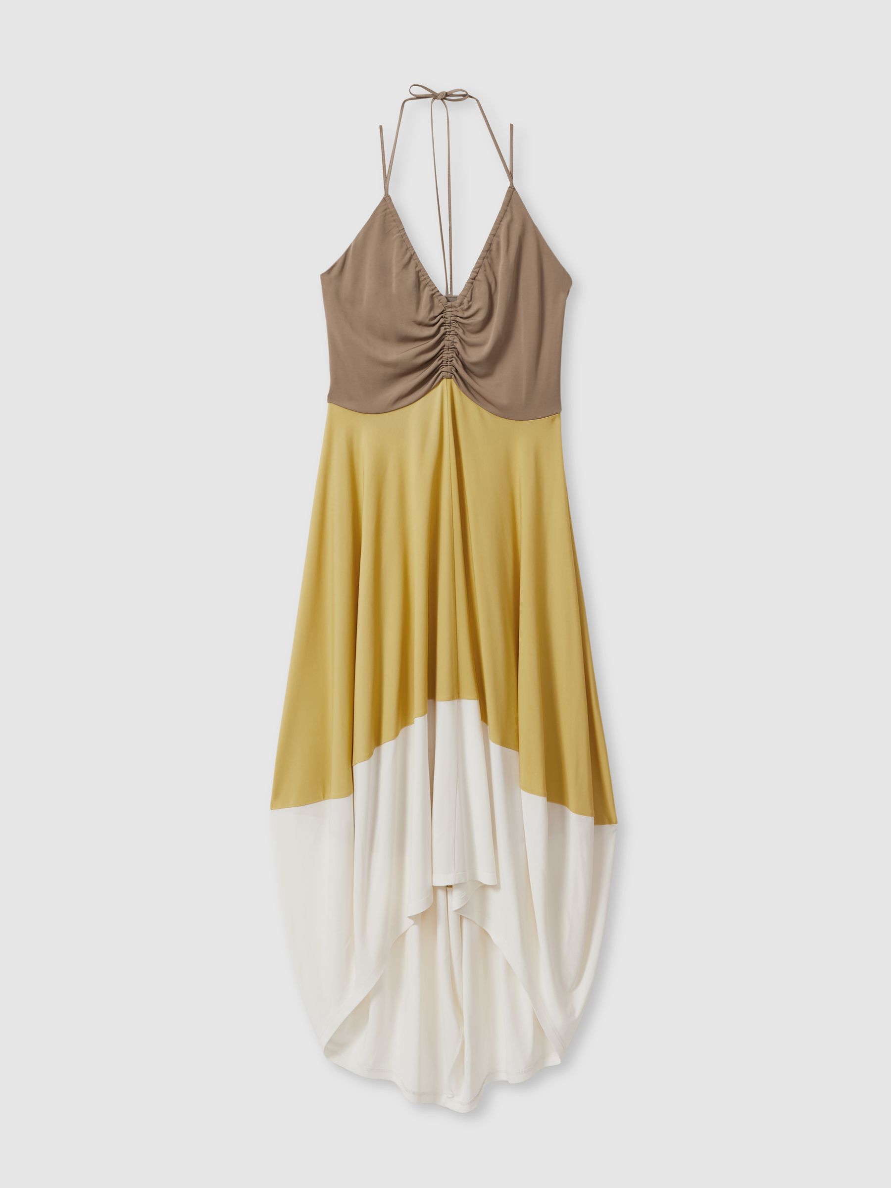 Colourblock Ruched Midi Dress in Yellow/Neutral