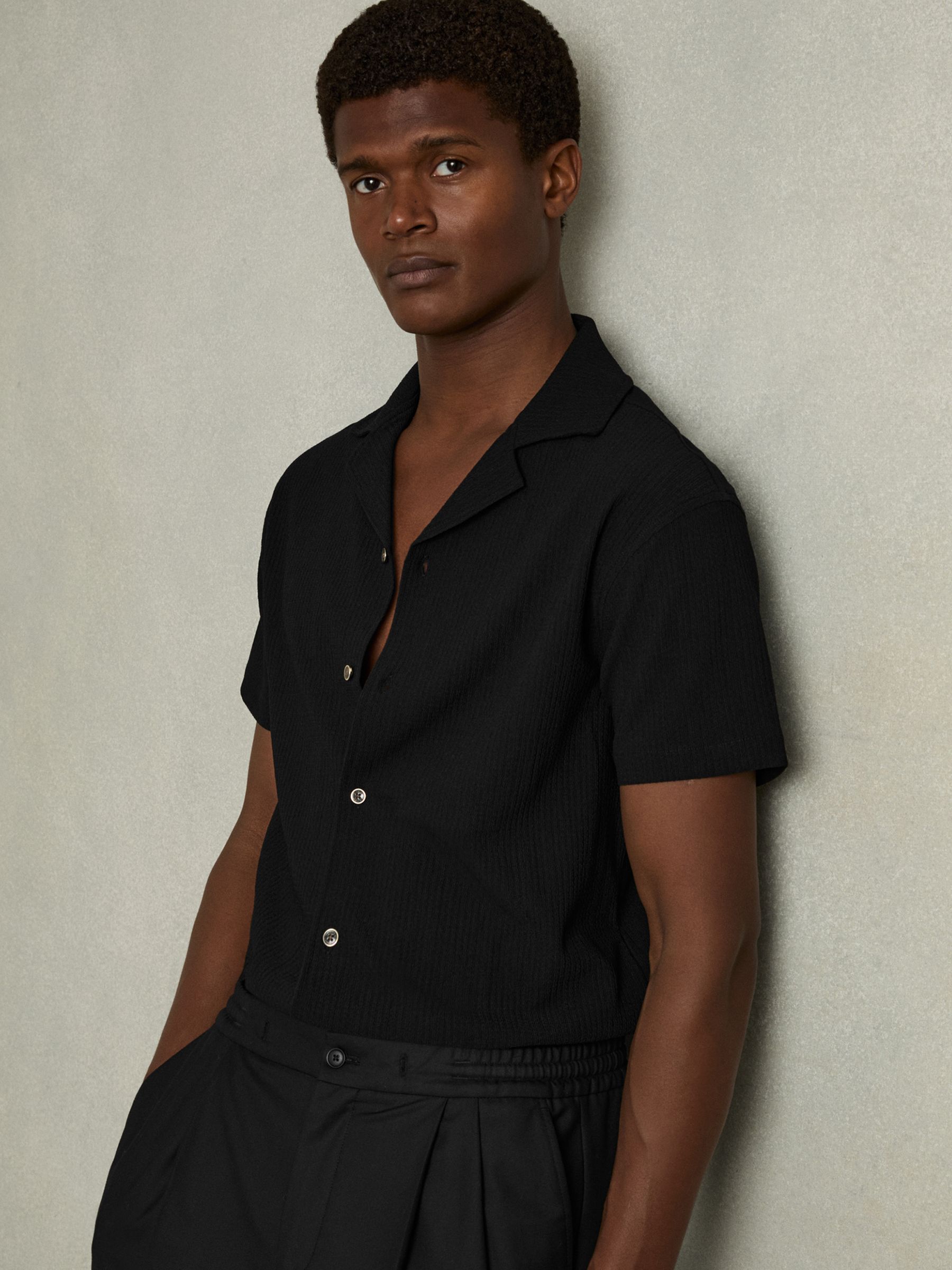 Textured Crepe Cuban Collar Shirt in Black
