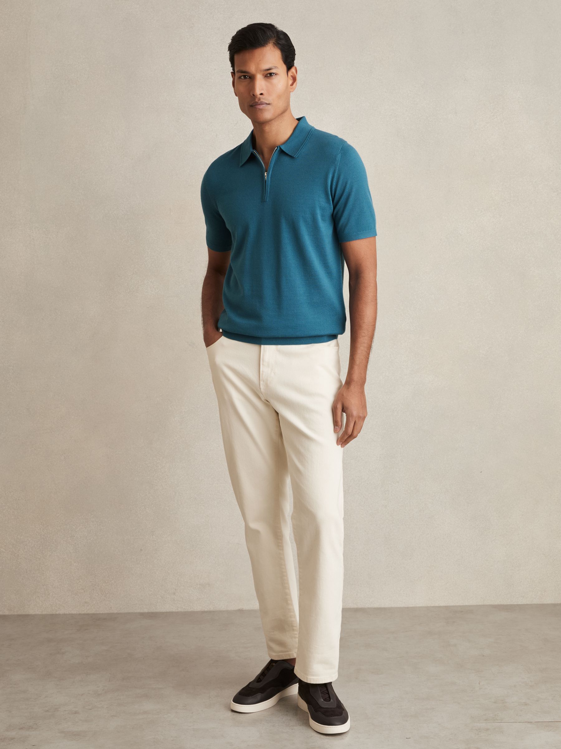 Merino Wool Half-Zip Polo Shirt in Deep Teal Blue