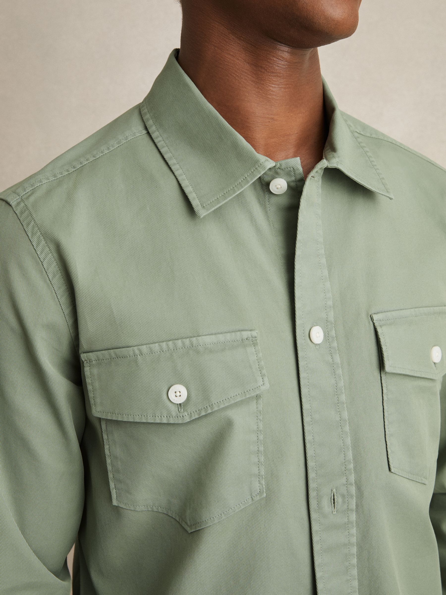 Cotton Twill Twin Pocket Overshirt With Stretch in Sage Green