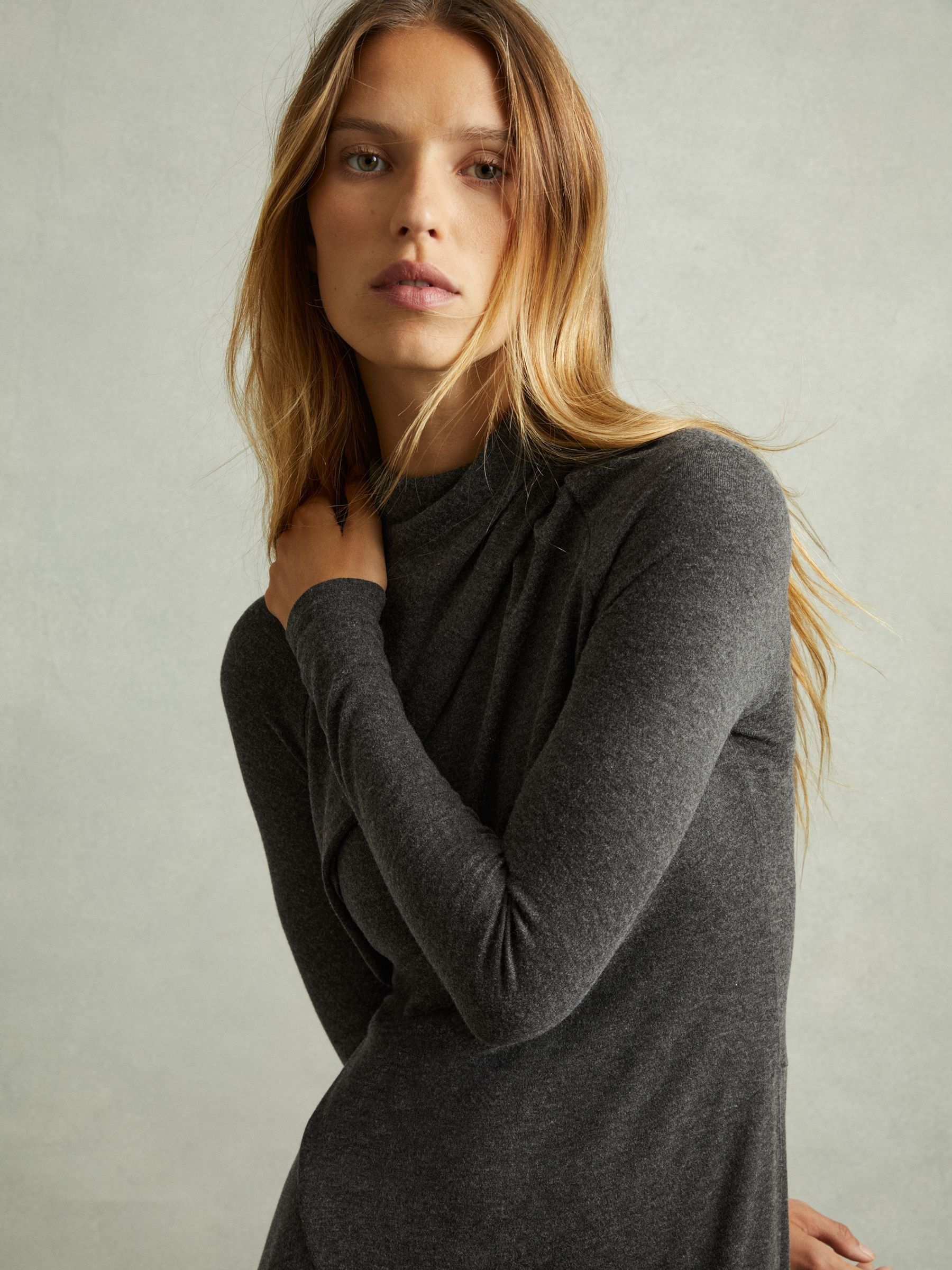 Jersey Drape Asymmetric Midi Dress in Grey