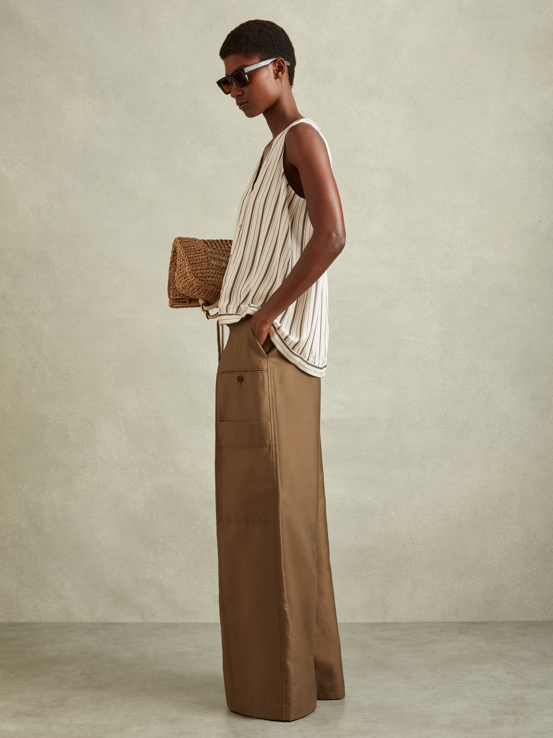 Striped Drawstring Hem Waistcoat in Ivory/Grey