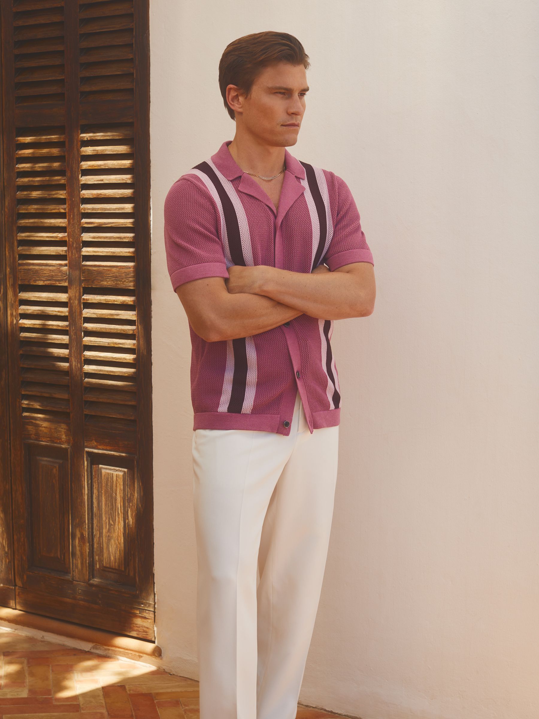 Reiss | Ché Knitted Contrast Stripe Cuban Collar Shirt in Pink Multi