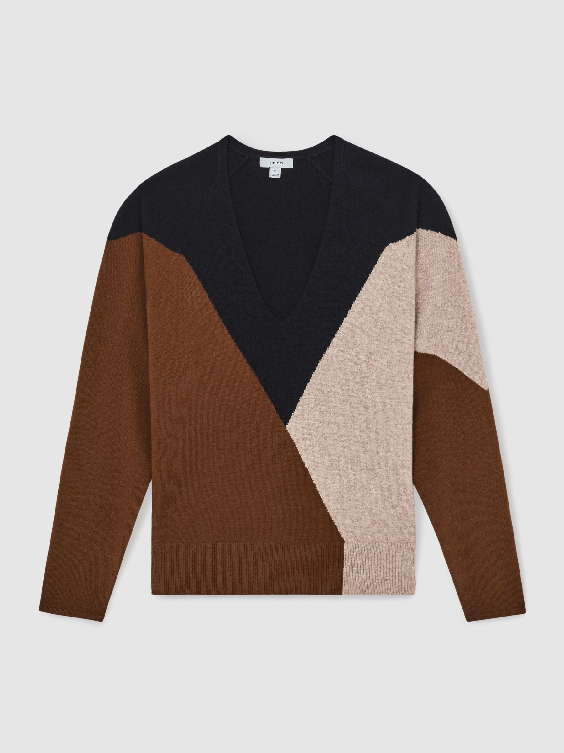 Wool-Blend Colourblock Knit Jumper with Cashmere in Toffee Brown/Navy/Neutral