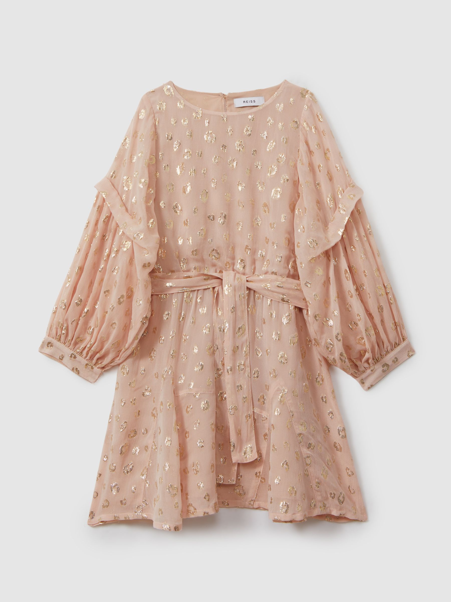 9-13 yrs Metallic Jacquard Print Puff Sleeve Dress in Pink