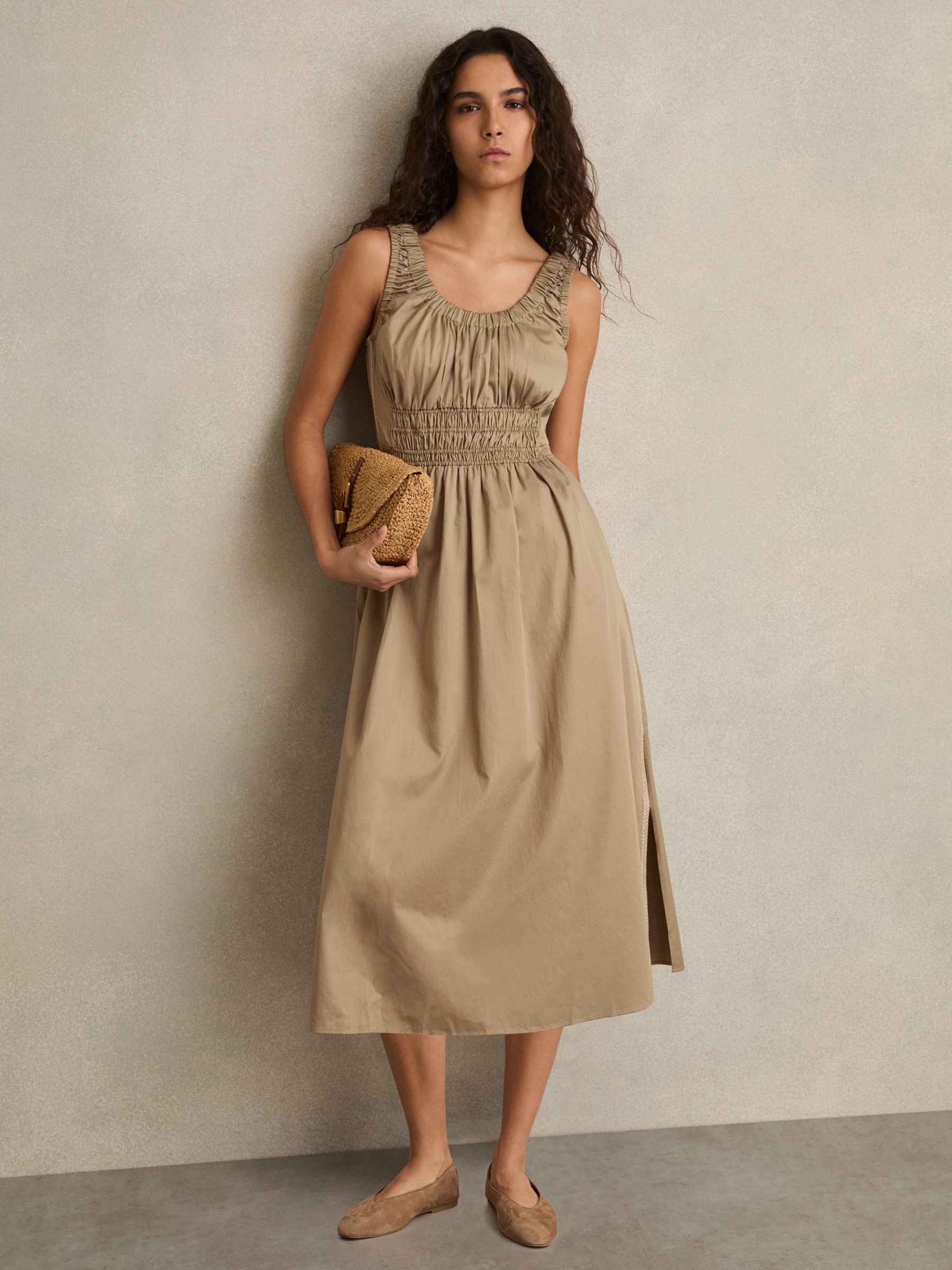Petite Cotton Craft-Stitch Shirred Midi Dress in Khaki