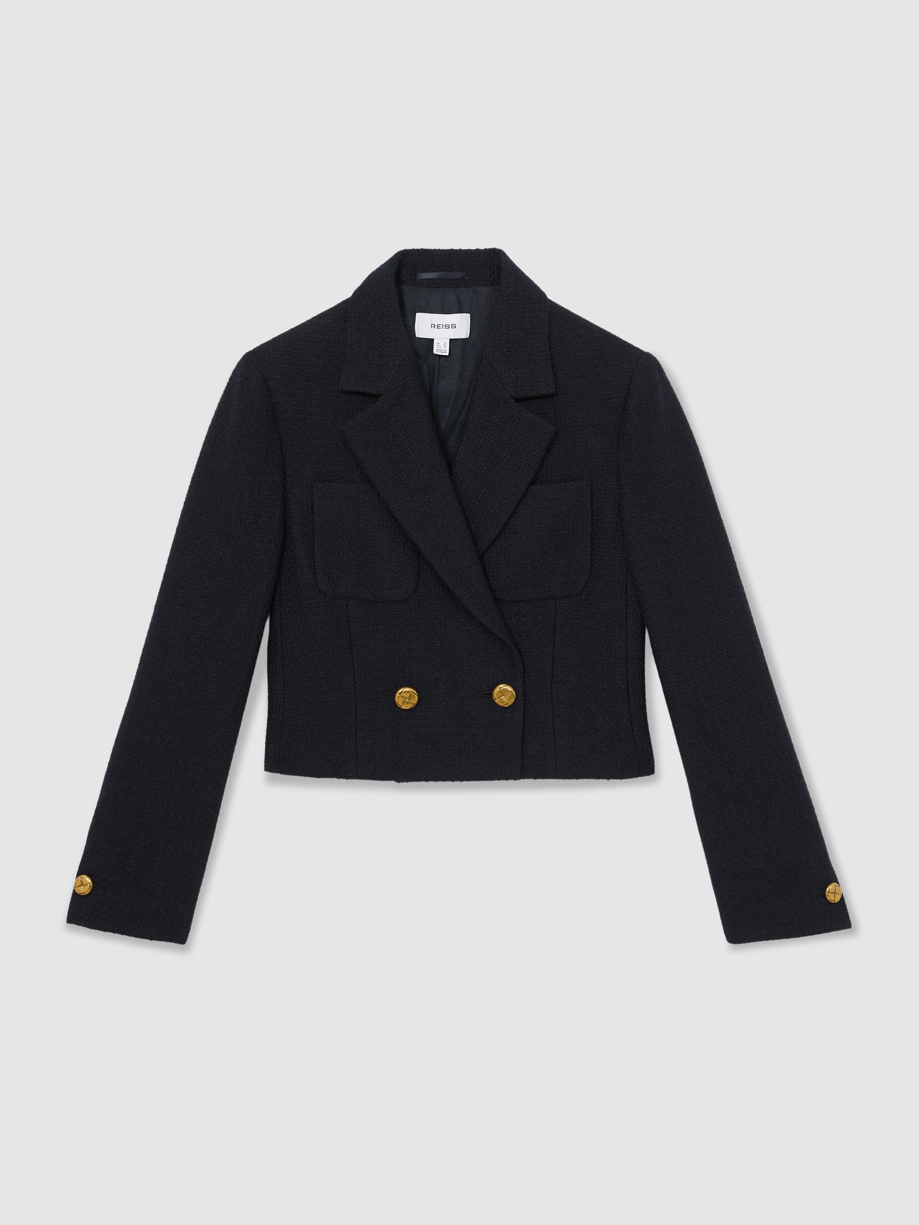 Double-Breasted Textured Cropped Blazer with Wool and Cotton in Navy