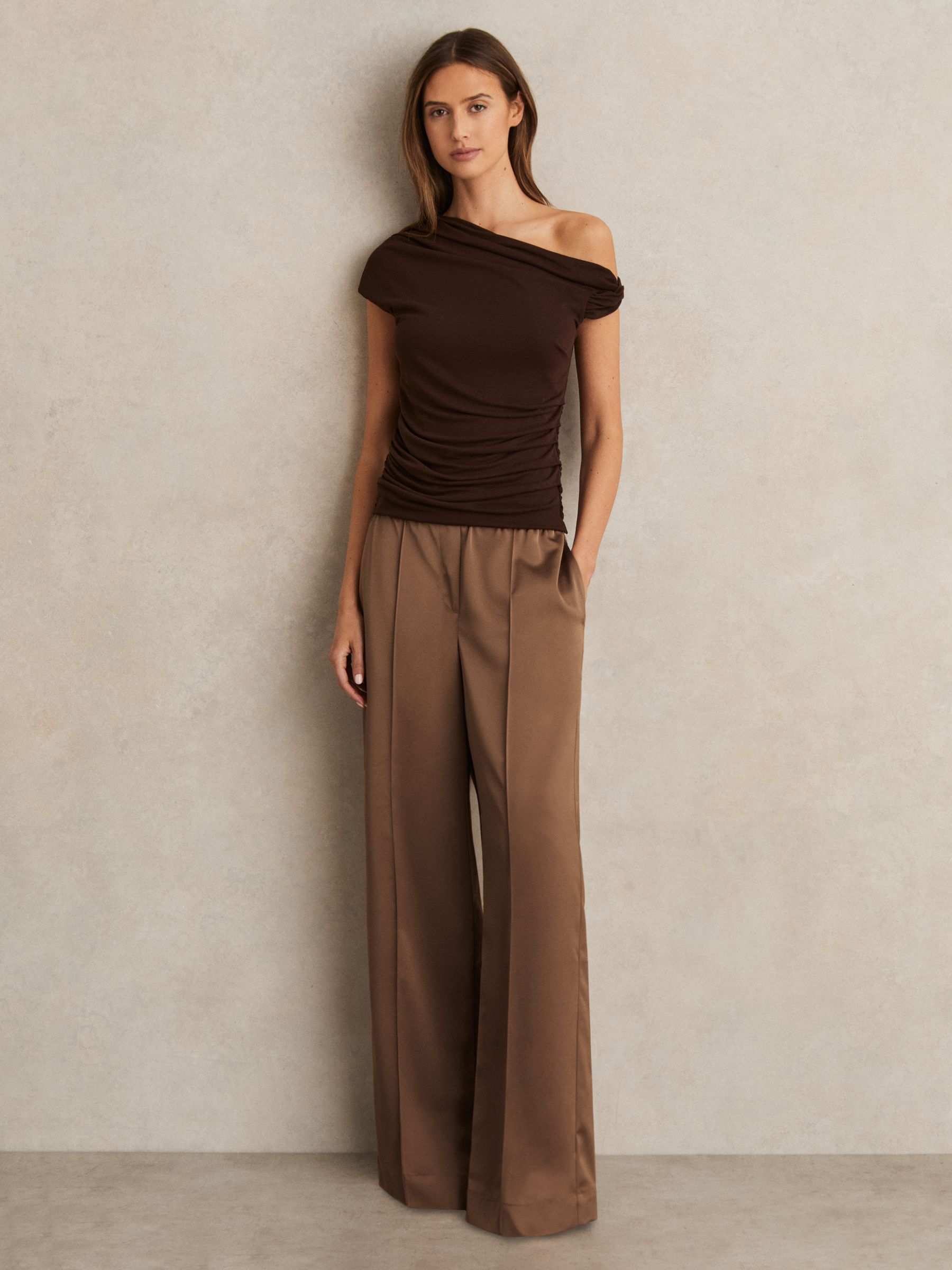 Satin Wide Leg Elastic Waist Trousers in Taupe Neutral