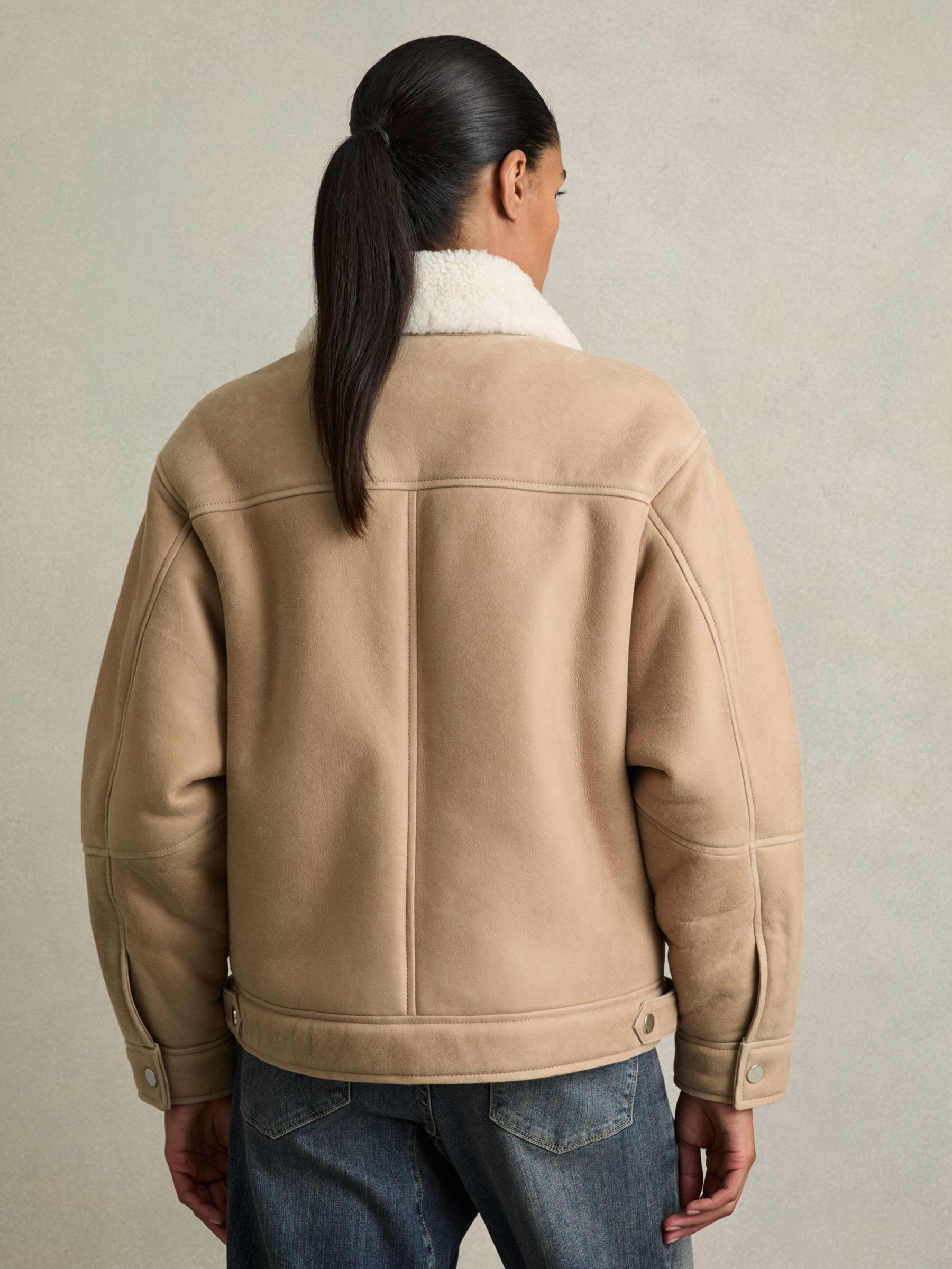 Shearling-Lined Leather Aviator Jacket in Neutral