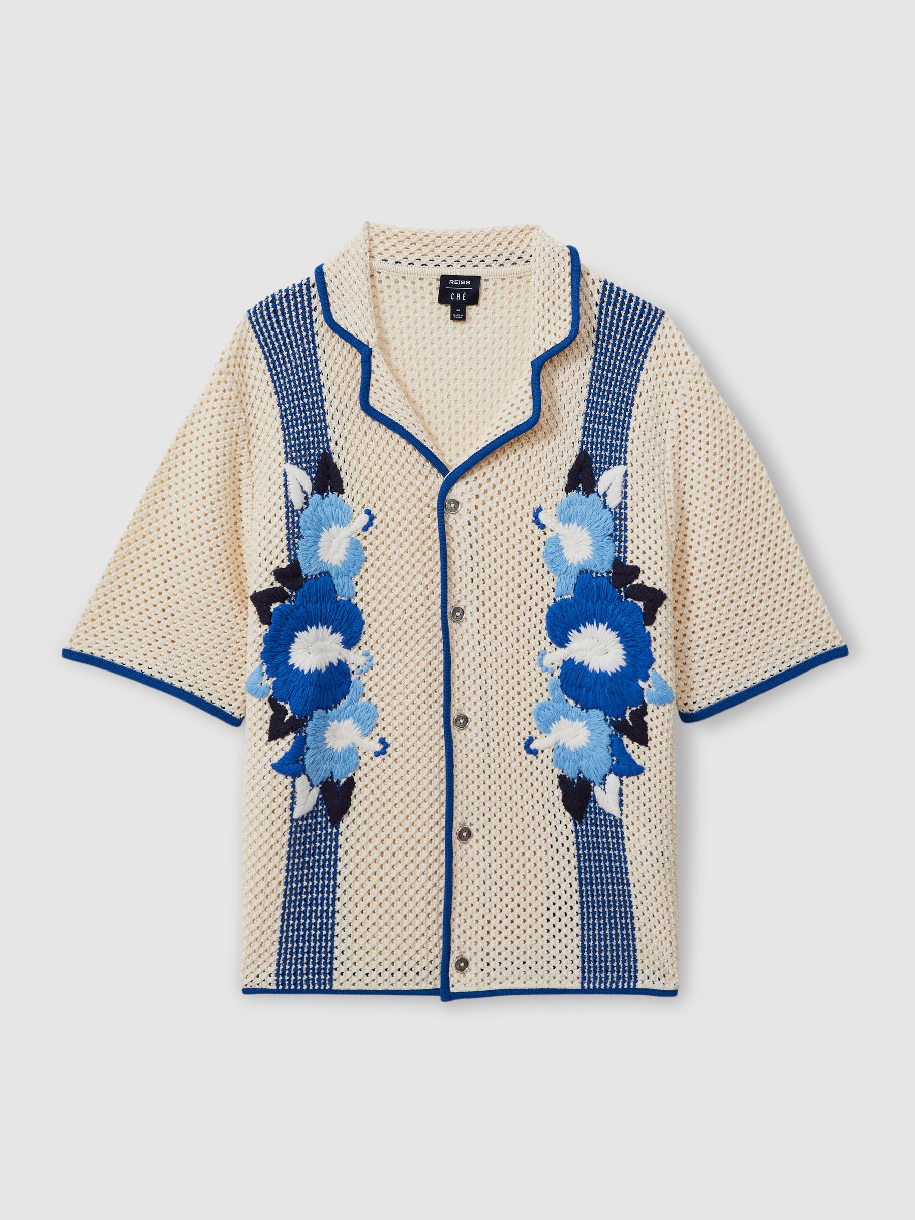 Love Ecru/Blue Ché Open-Stitch Jacquard Cuban Collar Shirt